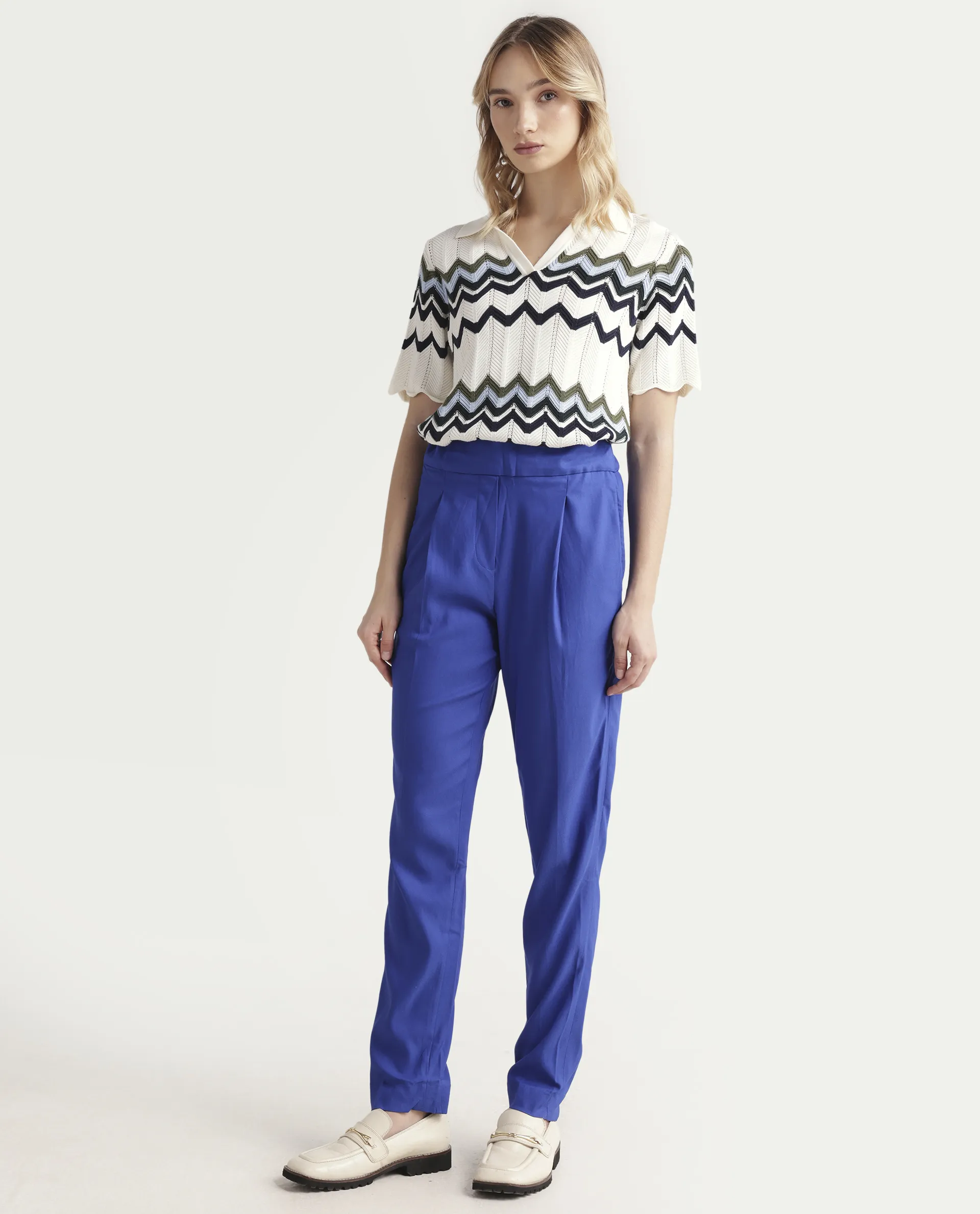 Rareism Women's Rosalia Blue Polyester Blend Plain Ankle Length Relaxed Fit Trouser - Image 5