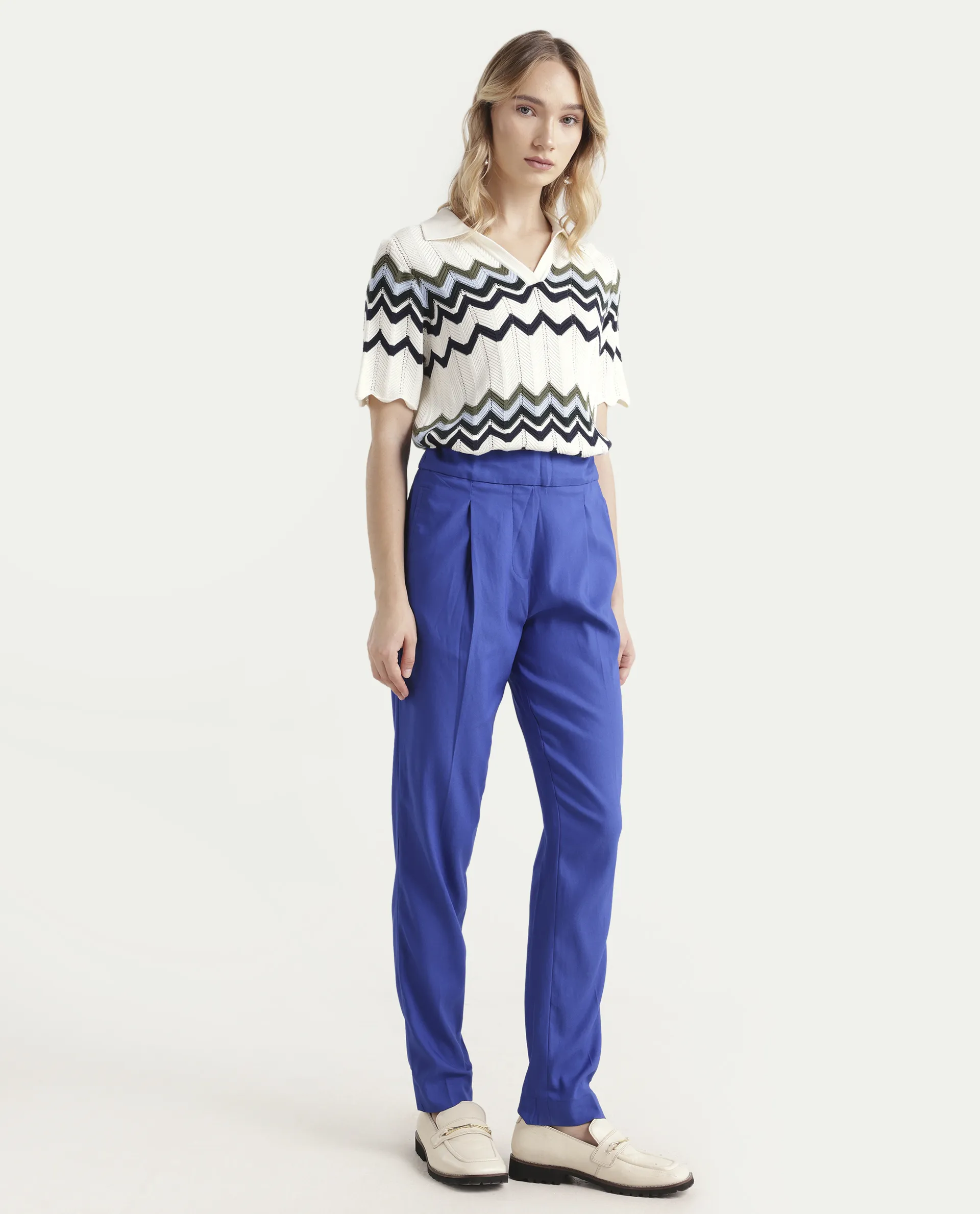 Rareism Women's Rosalia Blue Polyester Blend Plain Ankle Length Relaxed Fit Trouser - Image 6