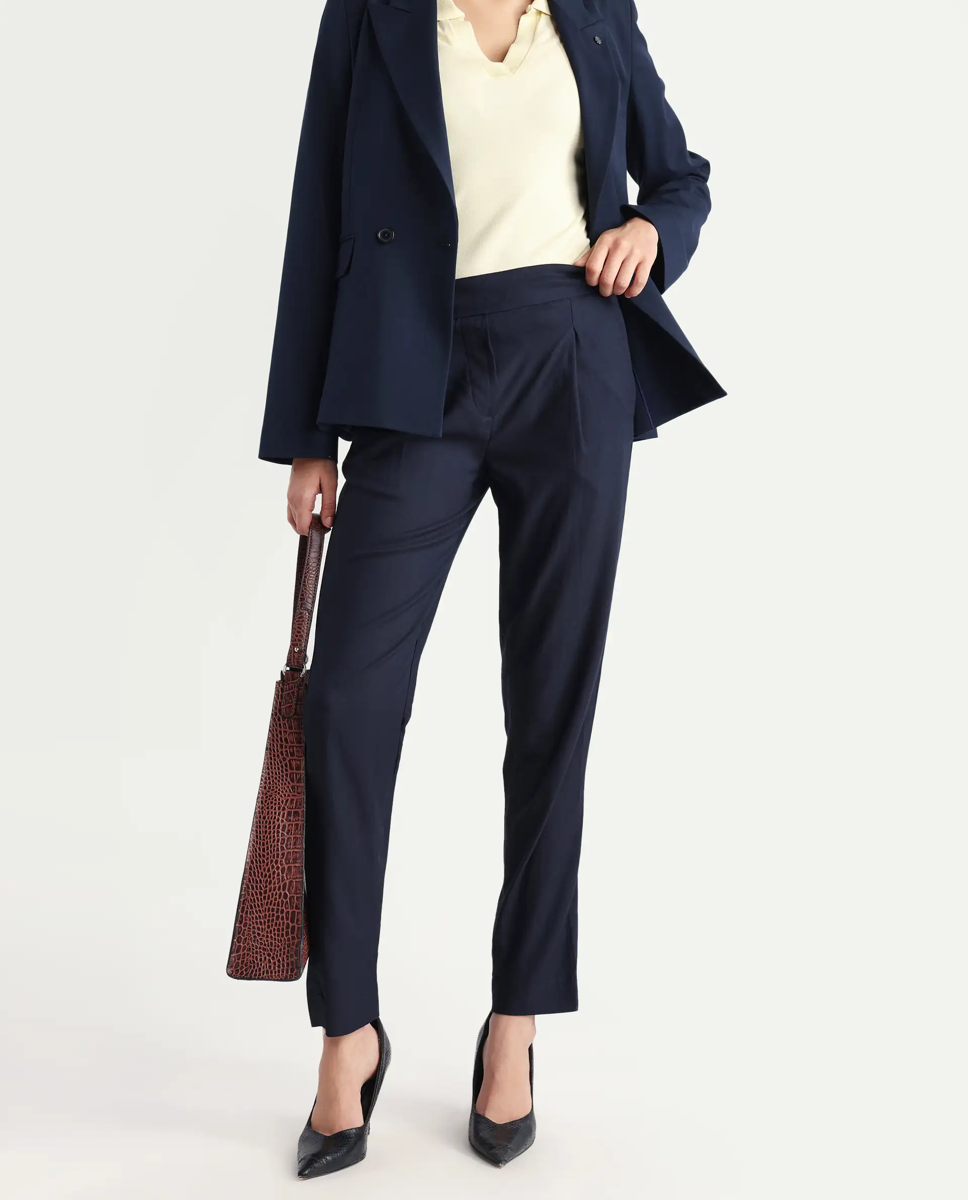 Rareism Women's Rosalia Navy Polyester Blend Plain Ankle Length Relaxed Fit Trouser - Image 3