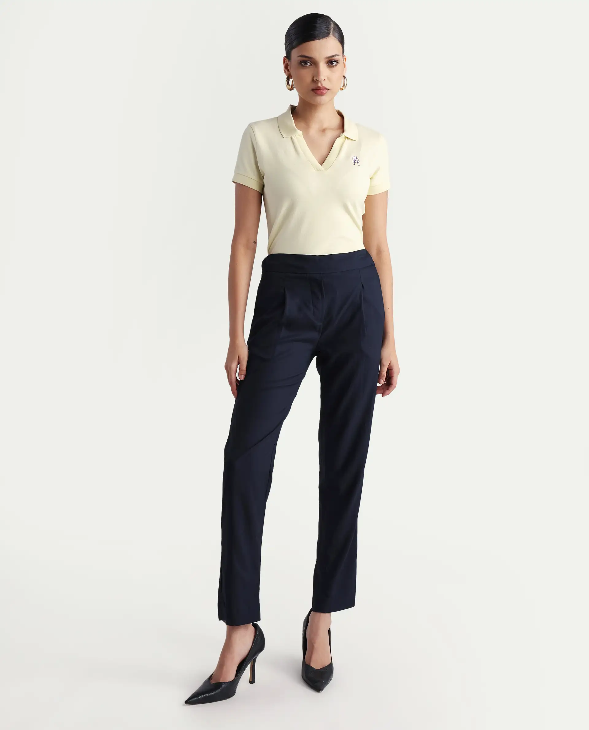 Rareism Women's Rosalia Navy Polyester Blend Plain Ankle Length Relaxed Fit Trouser - Image 5