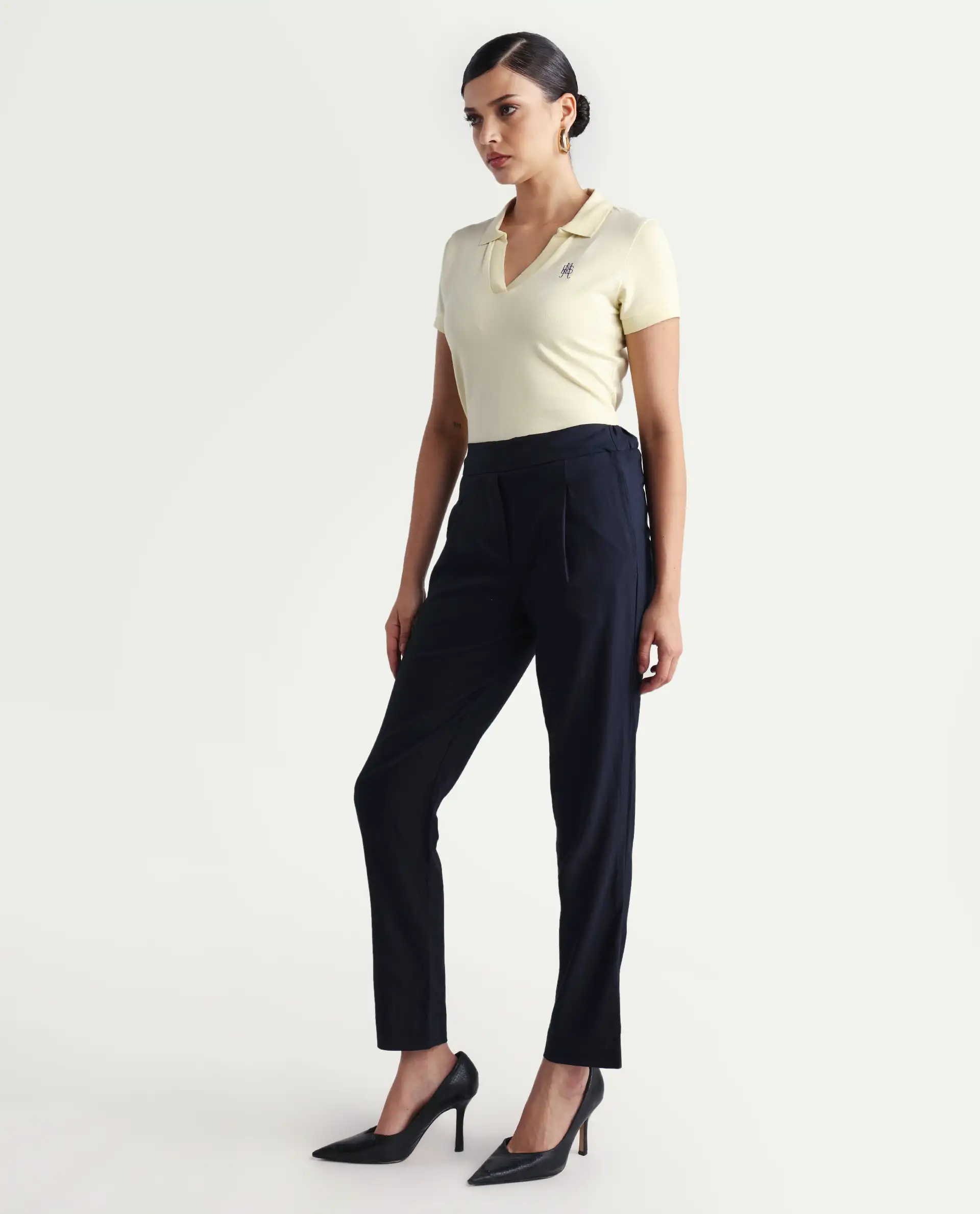 Rareism Women's Rosalia Navy Polyester Blend Plain Ankle Length Relaxed Fit Trouser - Image 7