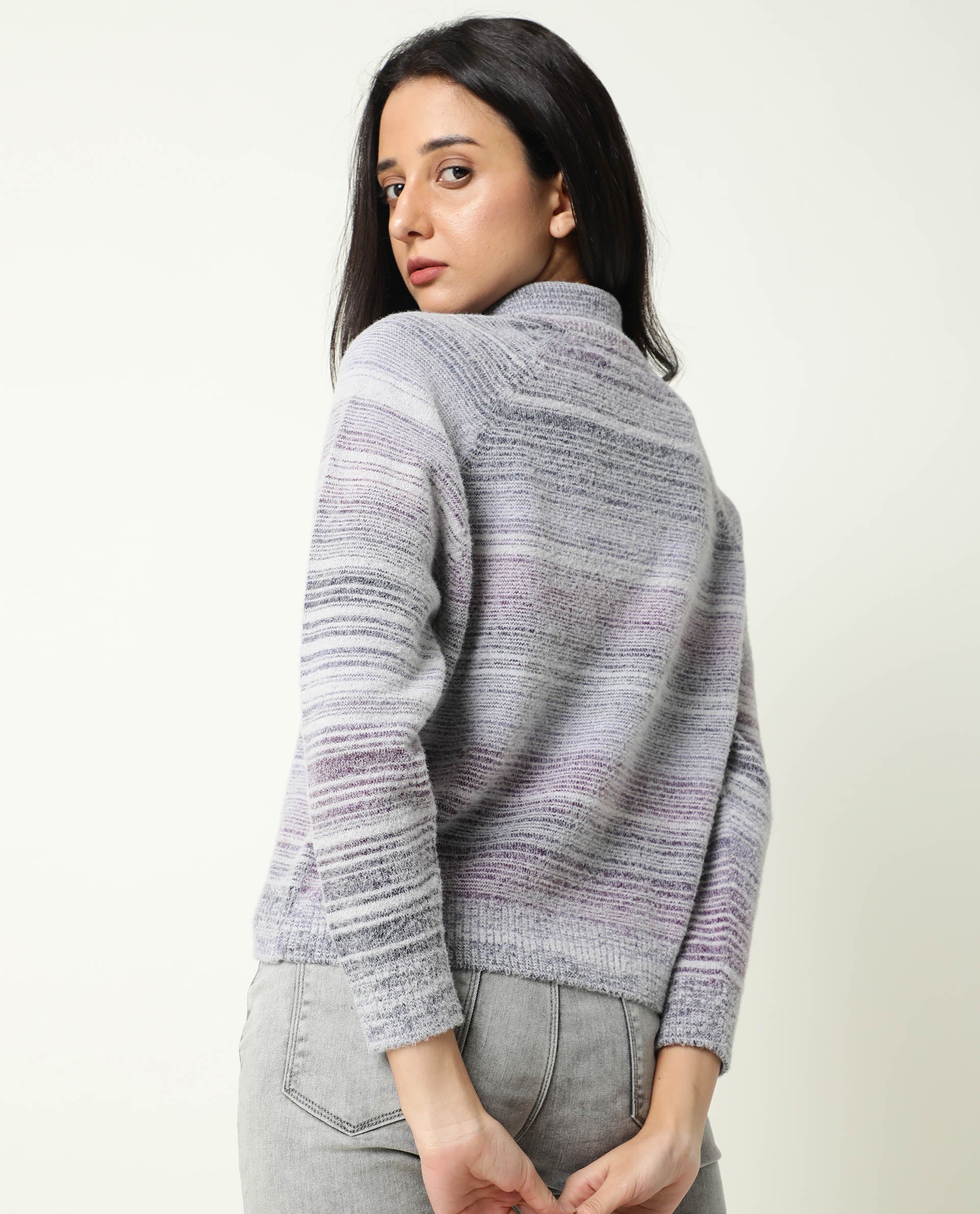 Rareism Women's Rosalva Grey Nylon High Neck Ombre Knee Length Regular Fit Sweater - Image 10