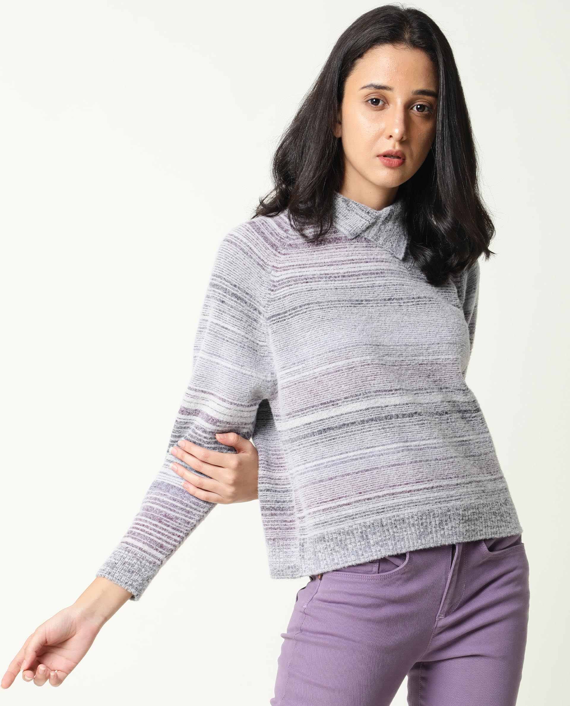 Rareism Women's Rosalva Grey Nylon High Neck Ombre Knee Length Regular Fit Sweater - Image 4