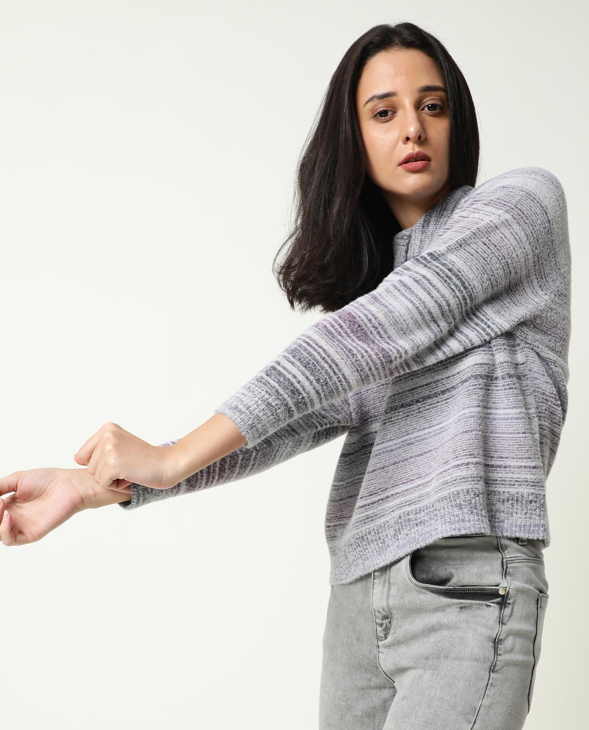 Rareism Women's Rosalva Grey Nylon High Neck Ombre Knee Length Regular Fit Sweater - Image 5