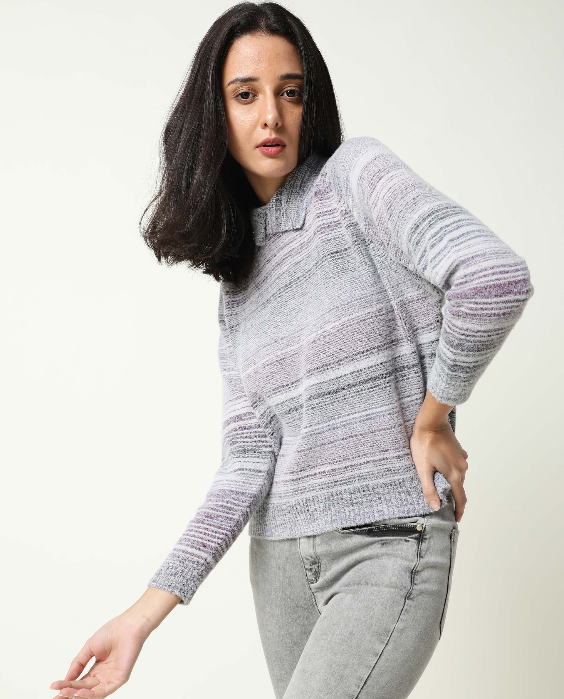 Rareism Women's Rosalva Grey Nylon High Neck Ombre Knee Length Regular Fit Sweater - Image 6