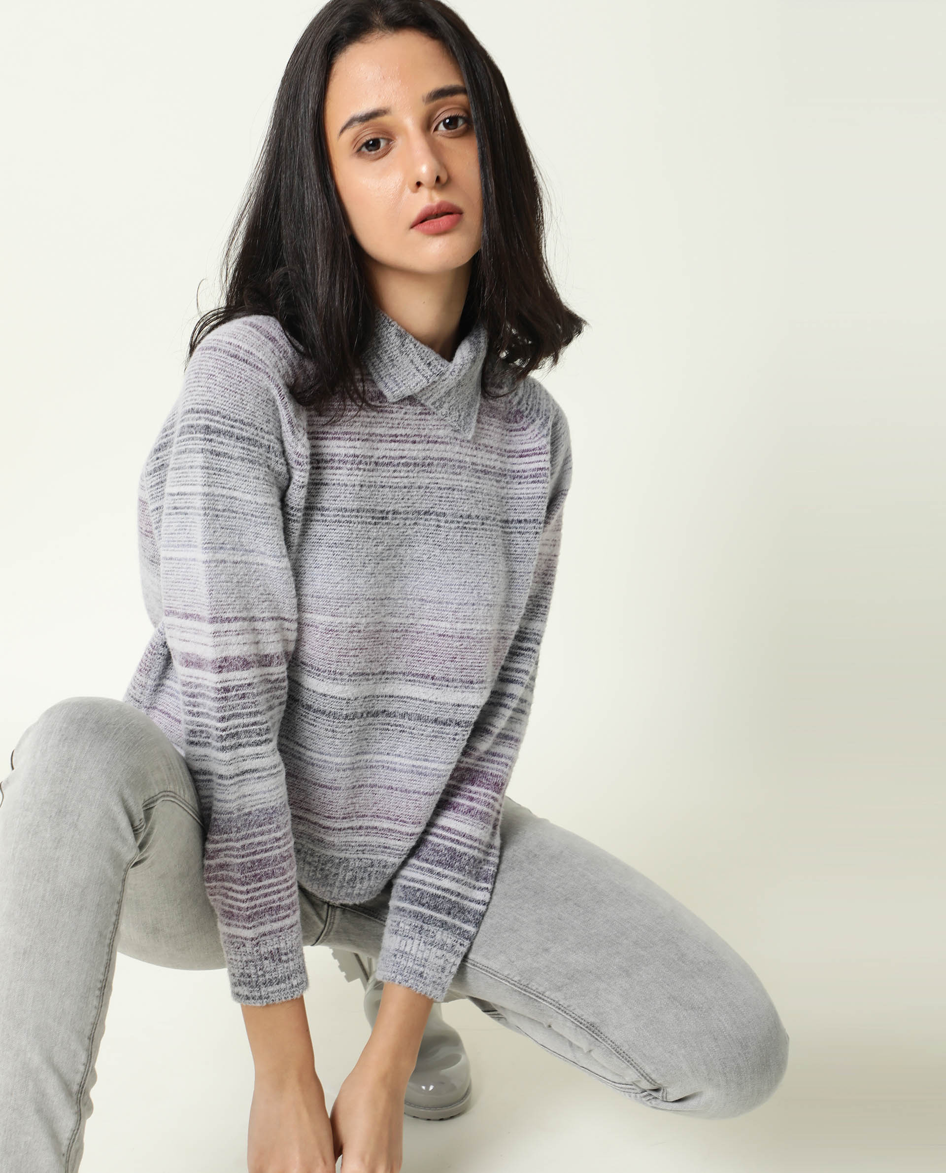 Rareism Women's Rosalva Grey Nylon High Neck Ombre Knee Length Regular Fit Sweater - Image 7