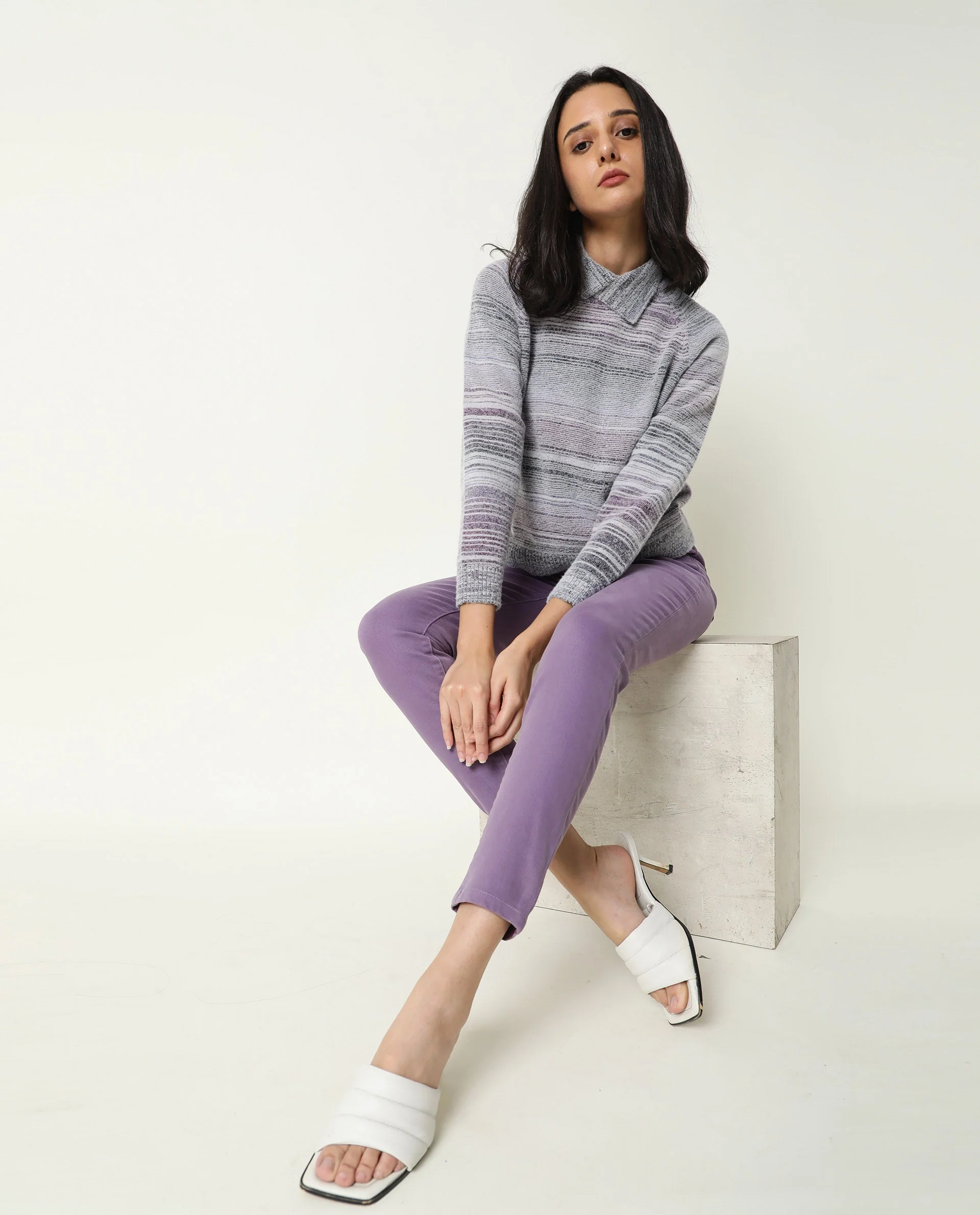 Rareism Women's Rosalva Grey Nylon High Neck Ombre Knee Length Regular Fit Sweater - Image 8