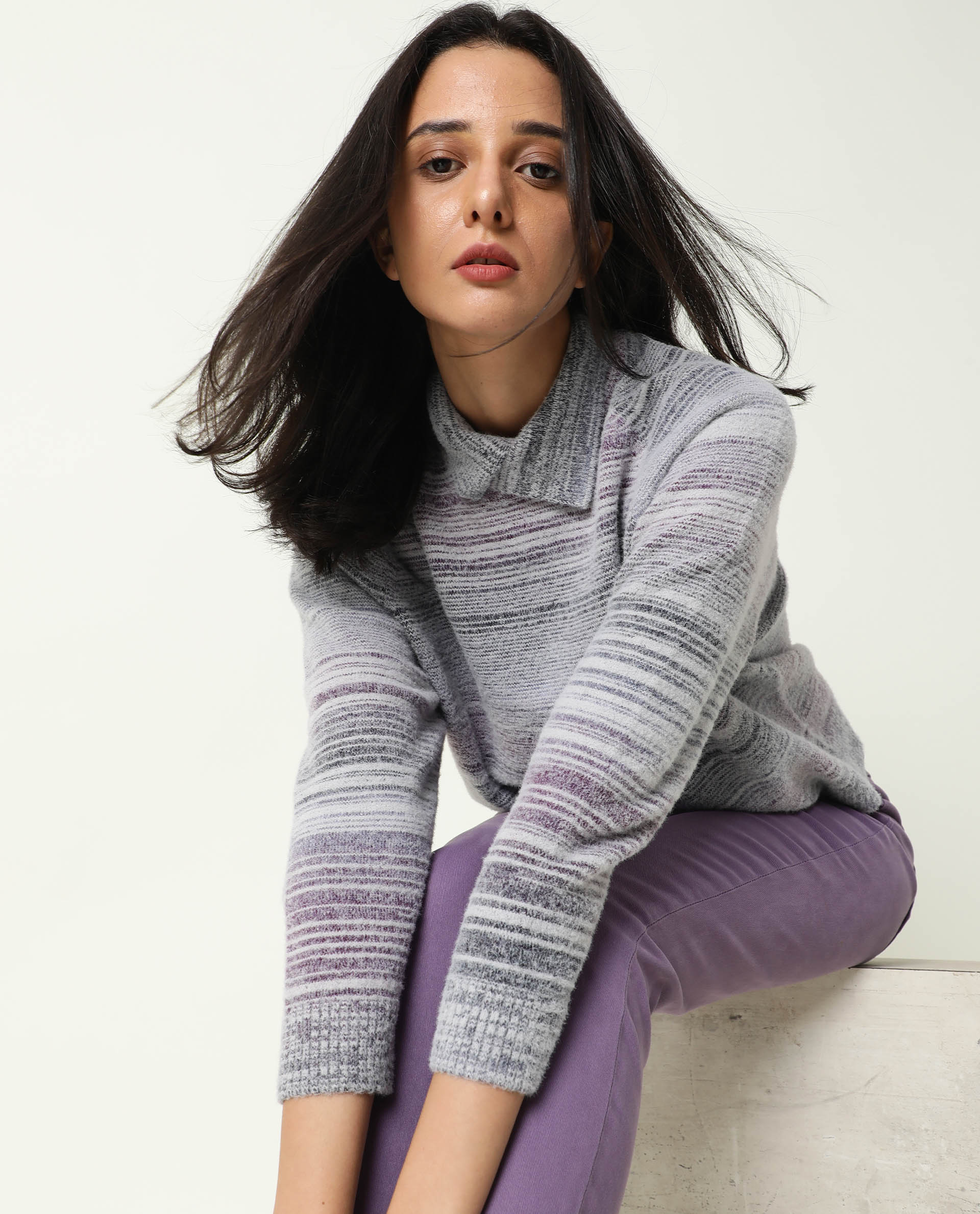 Rareism Women's Rosalva Grey Nylon High Neck Ombre Knee Length Regular Fit Sweater - Image 9