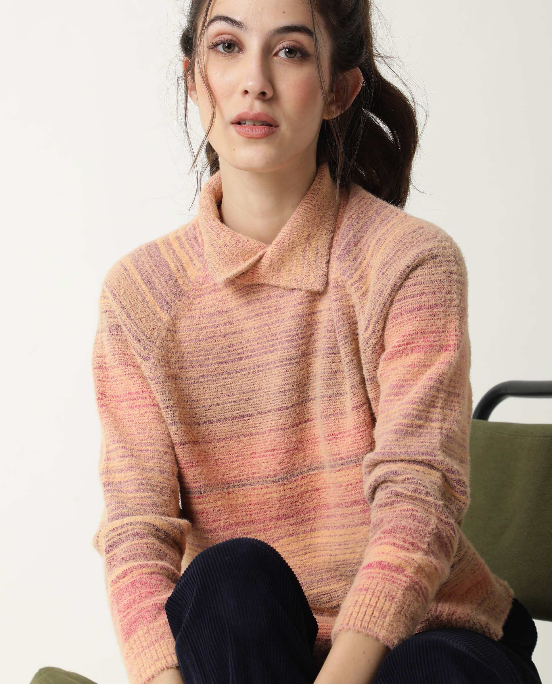 Rareism Women's Rosalva Pink Nylon High Neck Ombre Knee Length Regular Fit Sweater
