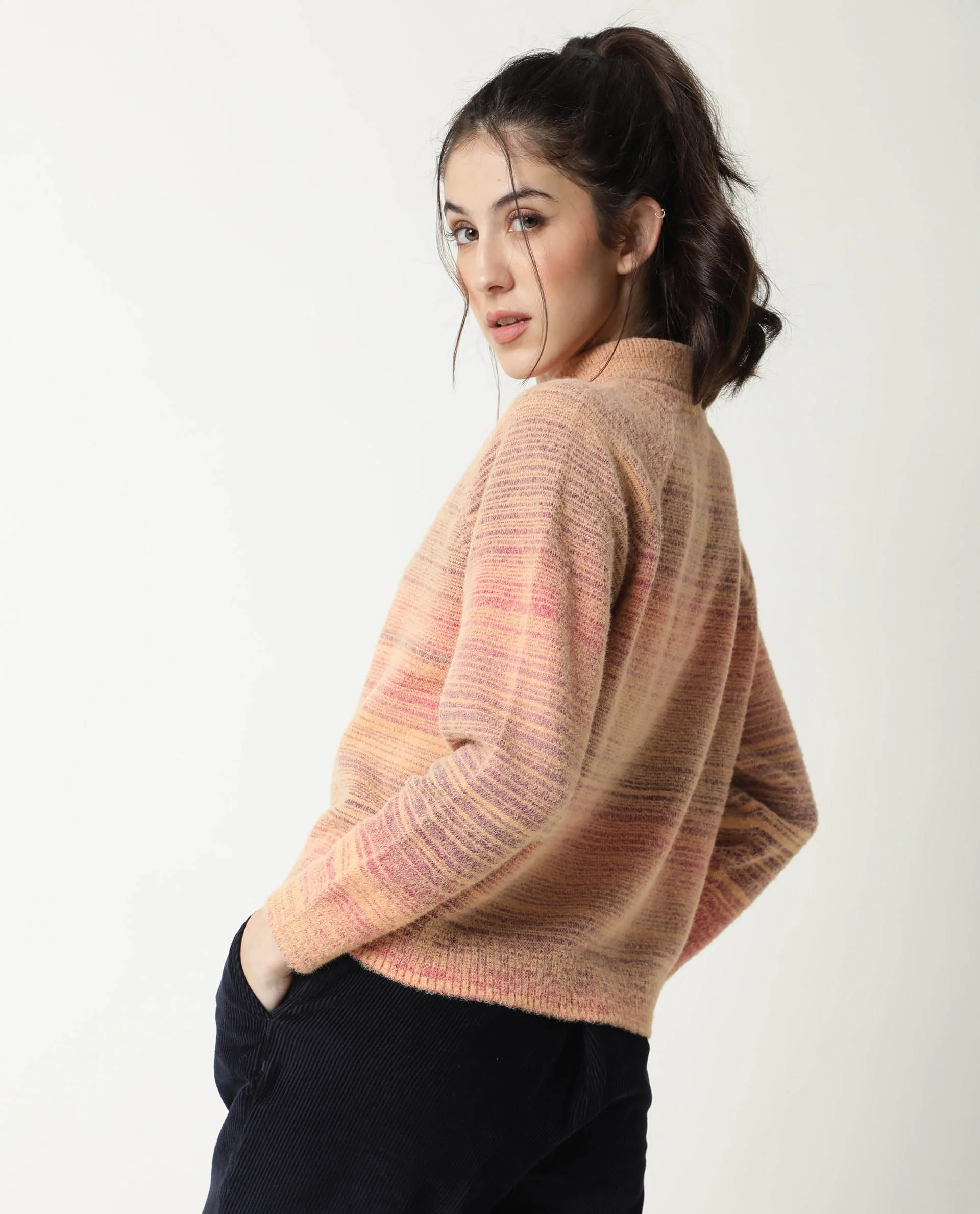 Rareism Women's Rosalva Pink Nylon High Neck Ombre Knee Length Regular Fit Sweater - Image 10