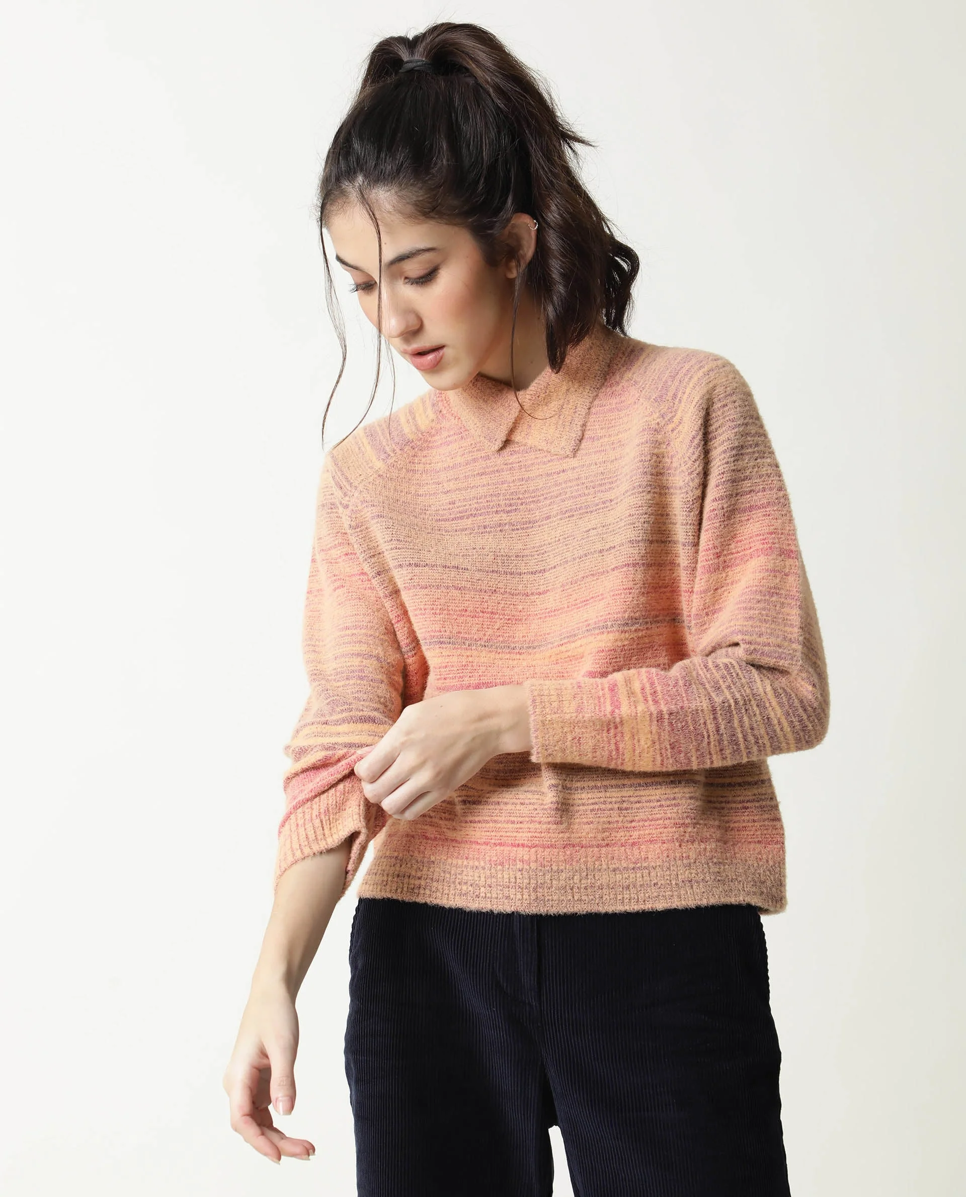 Rareism Women's Rosalva Pink Nylon High Neck Ombre Knee Length Regular Fit Sweater - Image 11