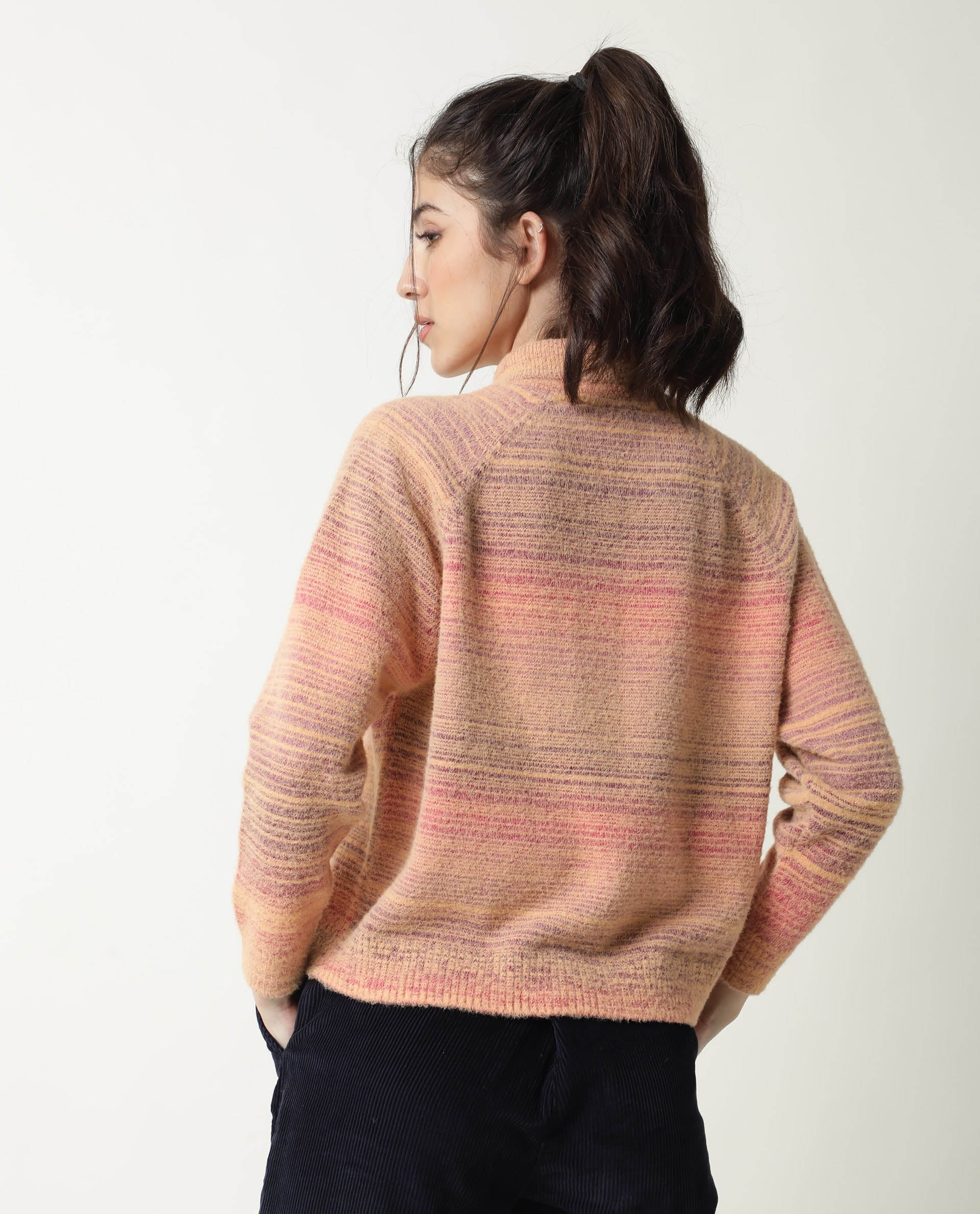 Rareism Women's Rosalva Pink Nylon High Neck Ombre Knee Length Regular Fit Sweater - Image 12