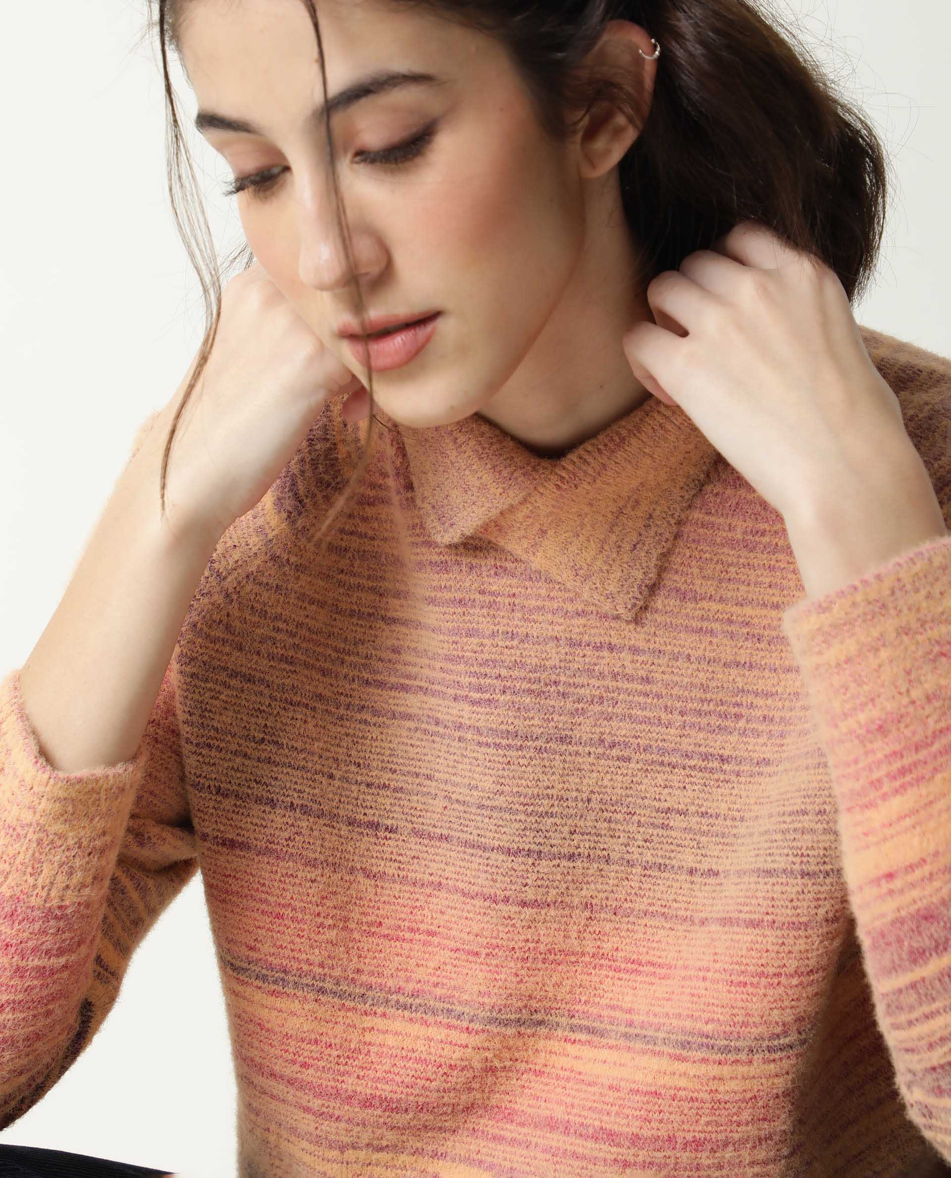 Rareism Women's Rosalva Pink Nylon High Neck Ombre Knee Length Regular Fit Sweater - Image 2