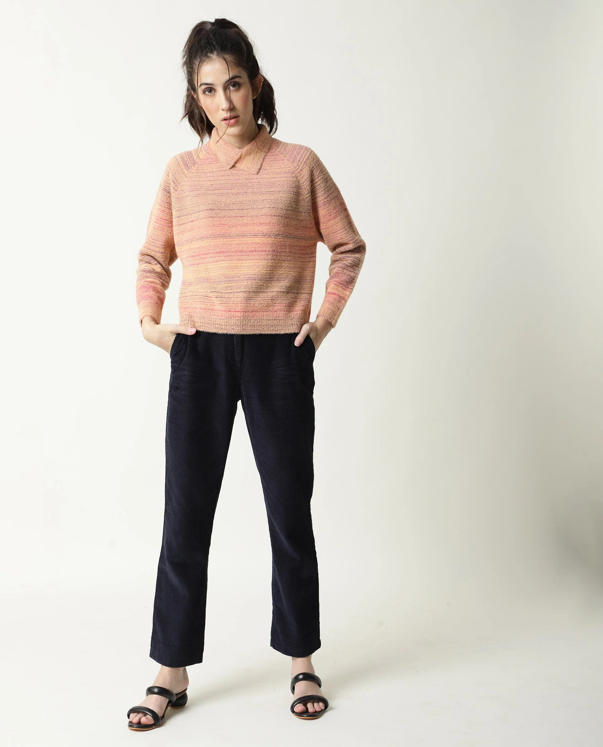 Rareism Women's Rosalva Pink Nylon High Neck Ombre Knee Length Regular Fit Sweater - Image 5