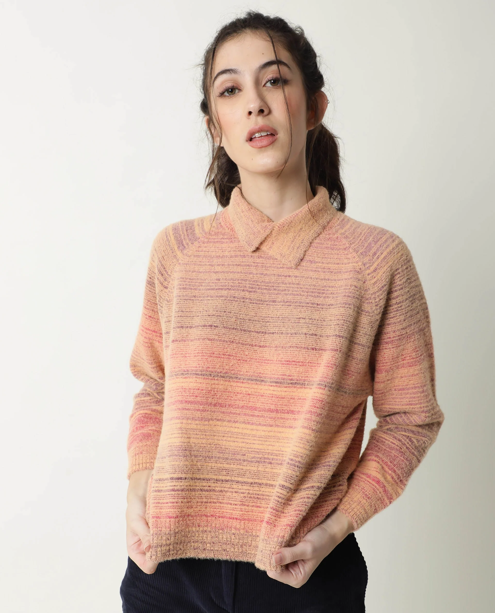 Rareism Women's Rosalva Pink Nylon High Neck Ombre Knee Length Regular Fit Sweater - Image 7