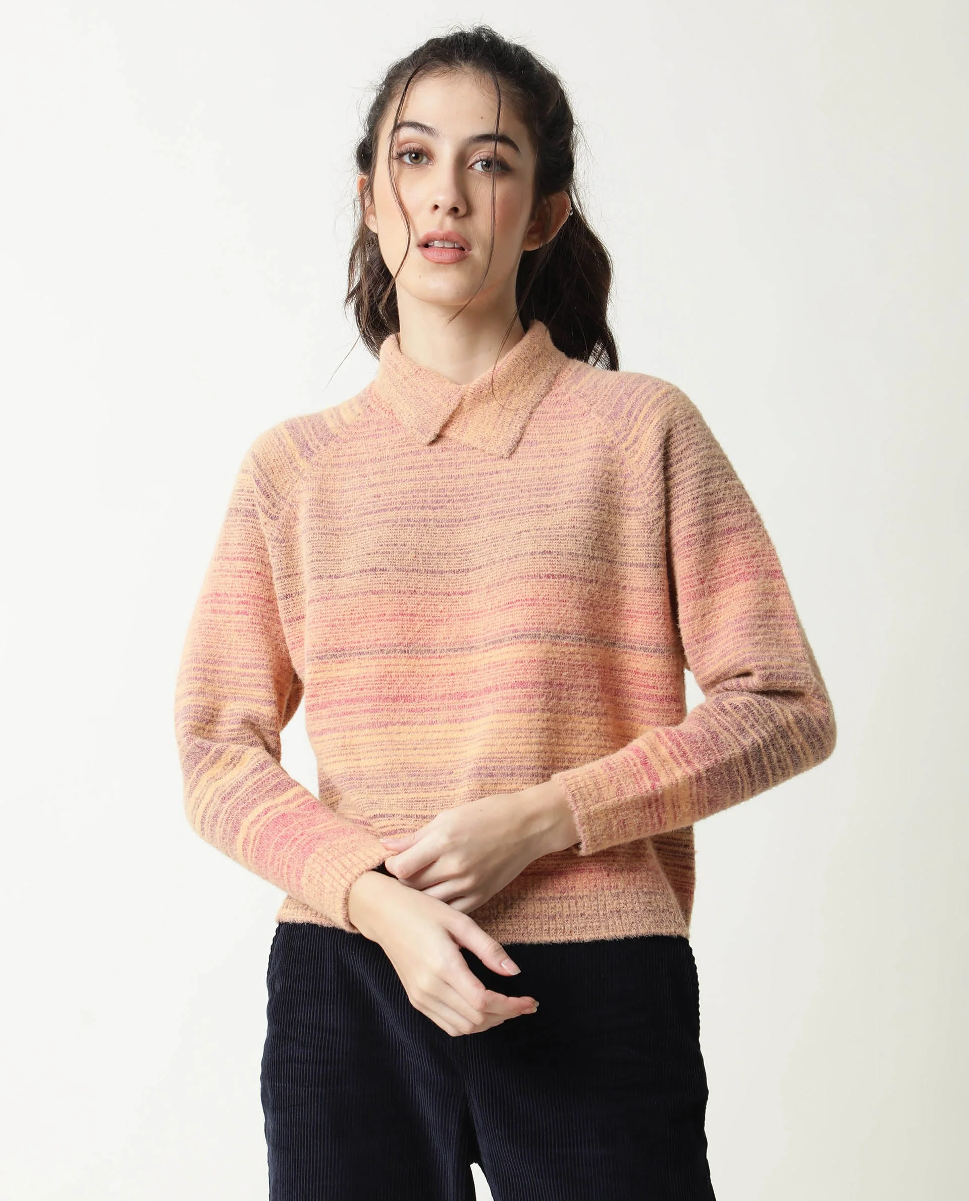 Rareism Women's Rosalva Pink Nylon High Neck Ombre Knee Length Regular Fit Sweater - Image 8