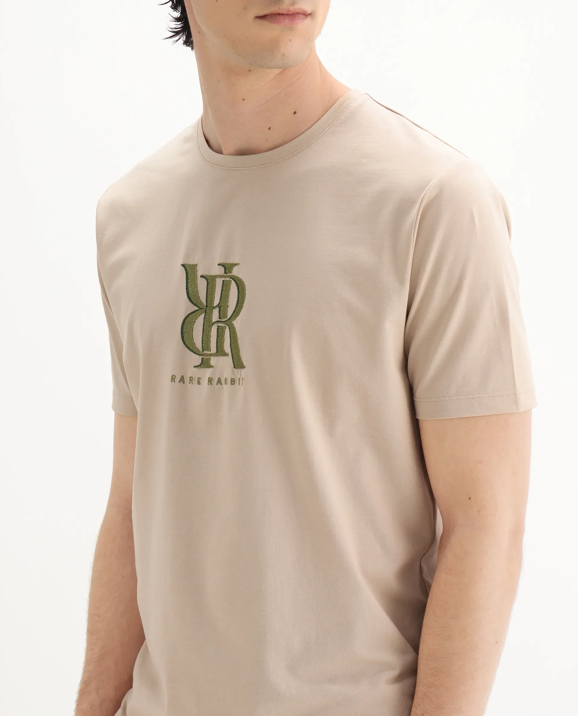 Rare Rabbit Men's Rosco Beige Cotton Blend Graphic Print Regular Fit Half Sleeve Crew Neck T-Shirt - Image 3