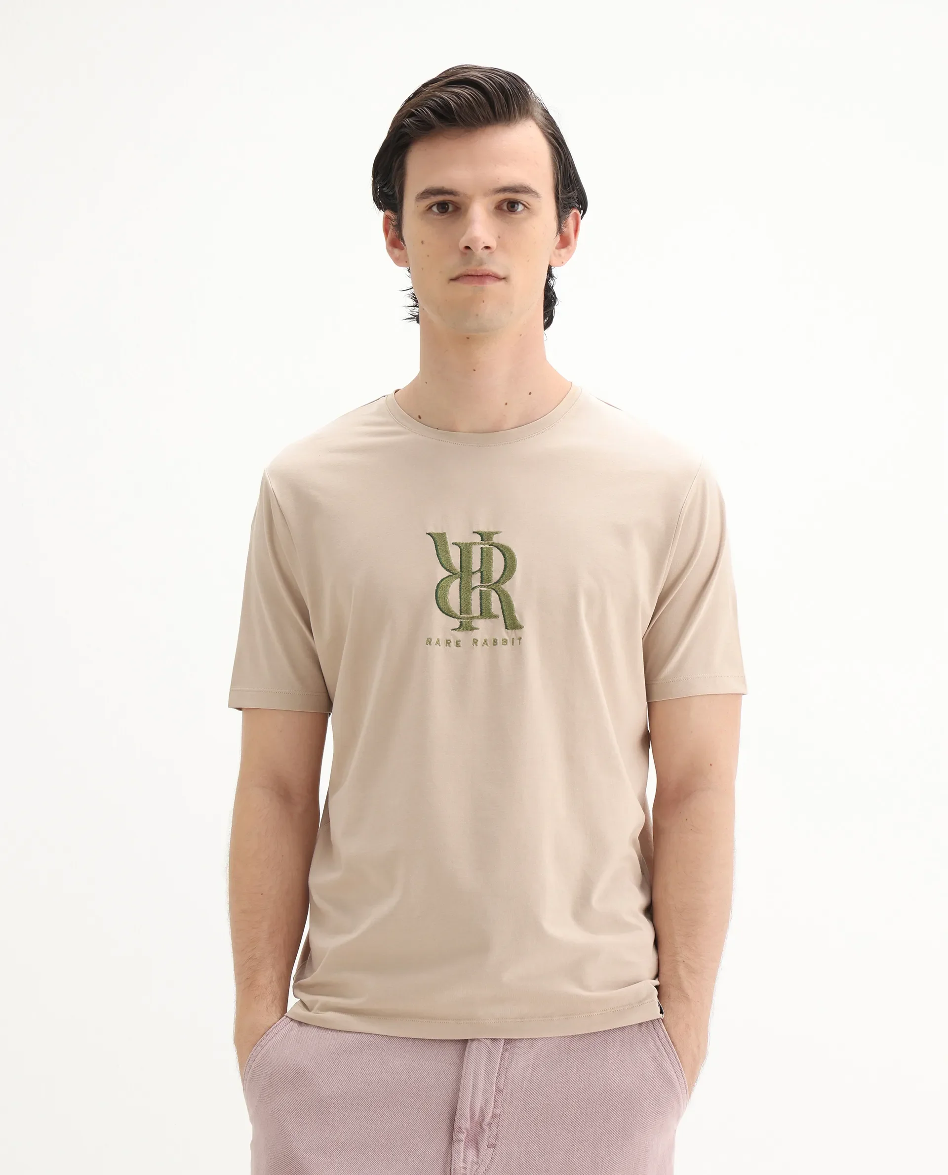 Rare Rabbit Men's Rosco Beige Cotton Blend Graphic Print Regular Fit Half Sleeve Crew Neck T-Shirt - Image 4