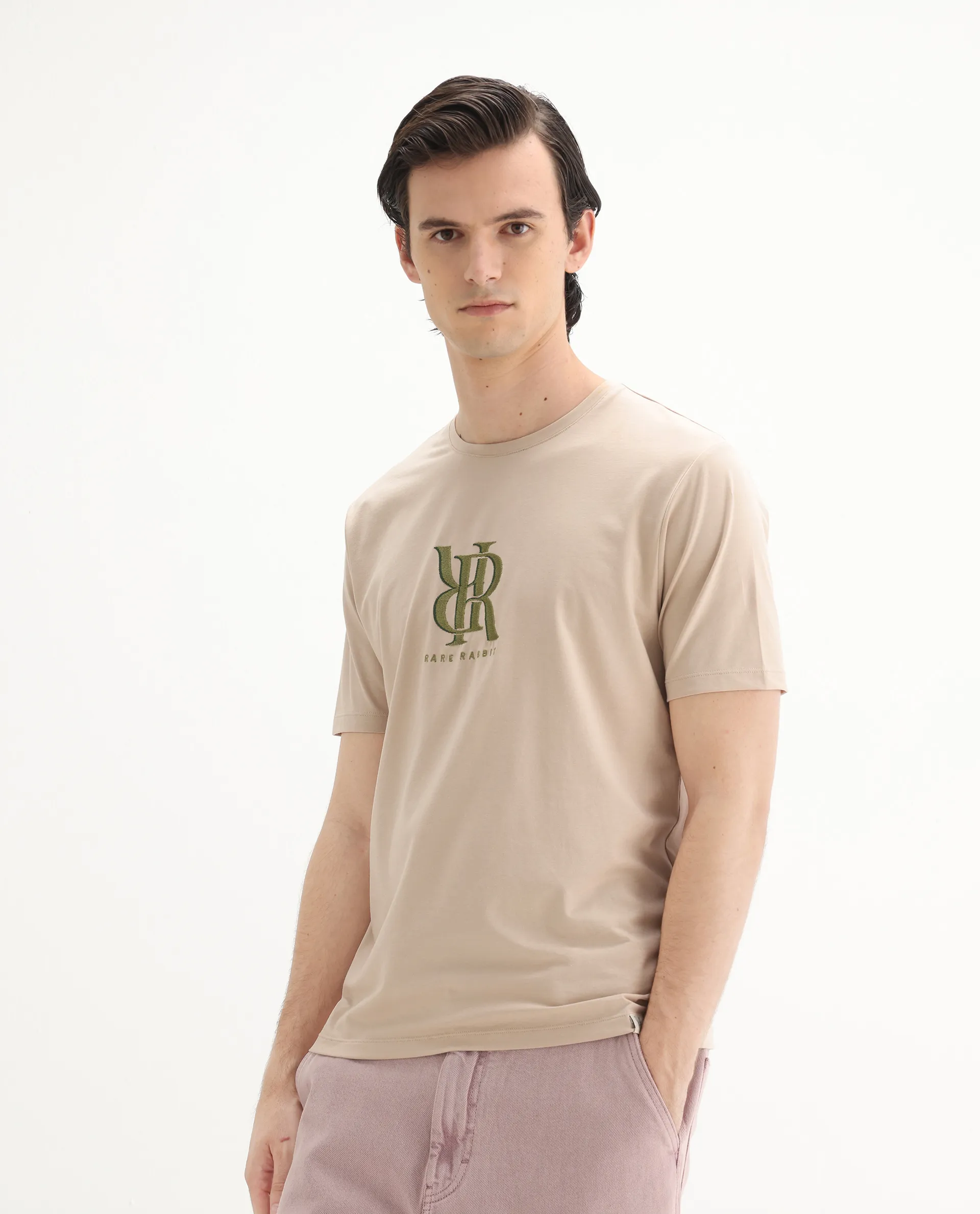 Rare Rabbit Men's Rosco Beige Cotton Blend Graphic Print Regular Fit Half Sleeve Crew Neck T-Shirt - Image 5