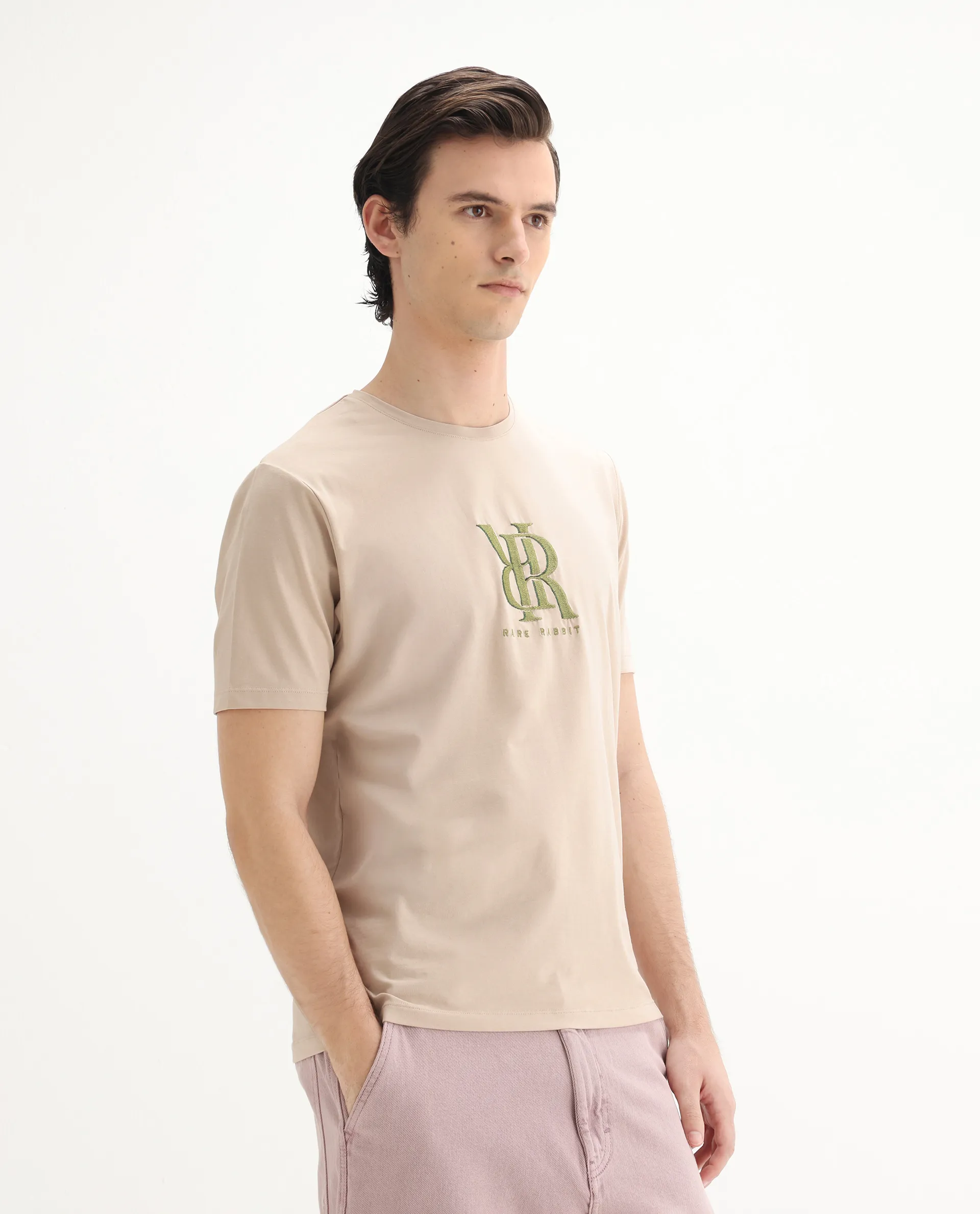 Rare Rabbit Men's Rosco Beige Cotton Blend Graphic Print Regular Fit Half Sleeve Crew Neck T-Shirt - Image 6
