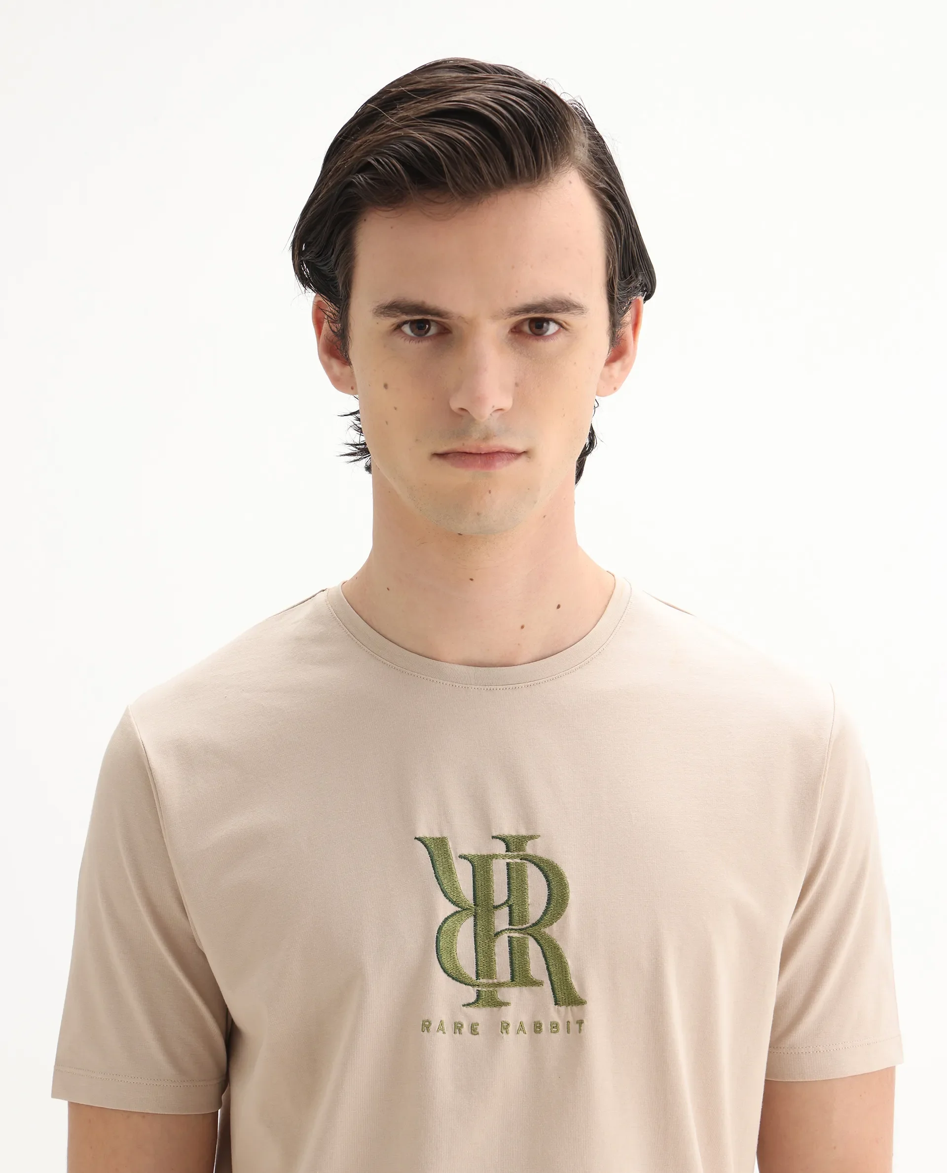 Rare Rabbit Men's Rosco Beige Cotton Blend Graphic Print Regular Fit Half Sleeve Crew Neck T-Shirt - Image 7