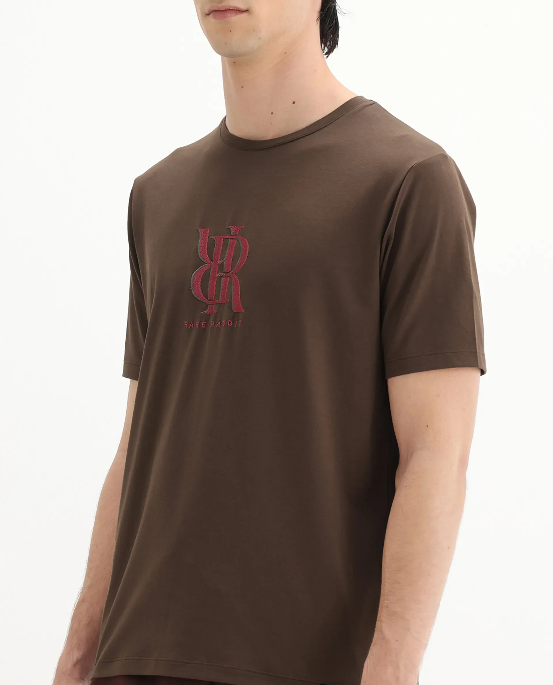 Rare Rabbit Men's Rosco Brown Cotton Blend Graphic Print Regular Fit Half Sleeve Crew Neck T-Shirt - Image 3