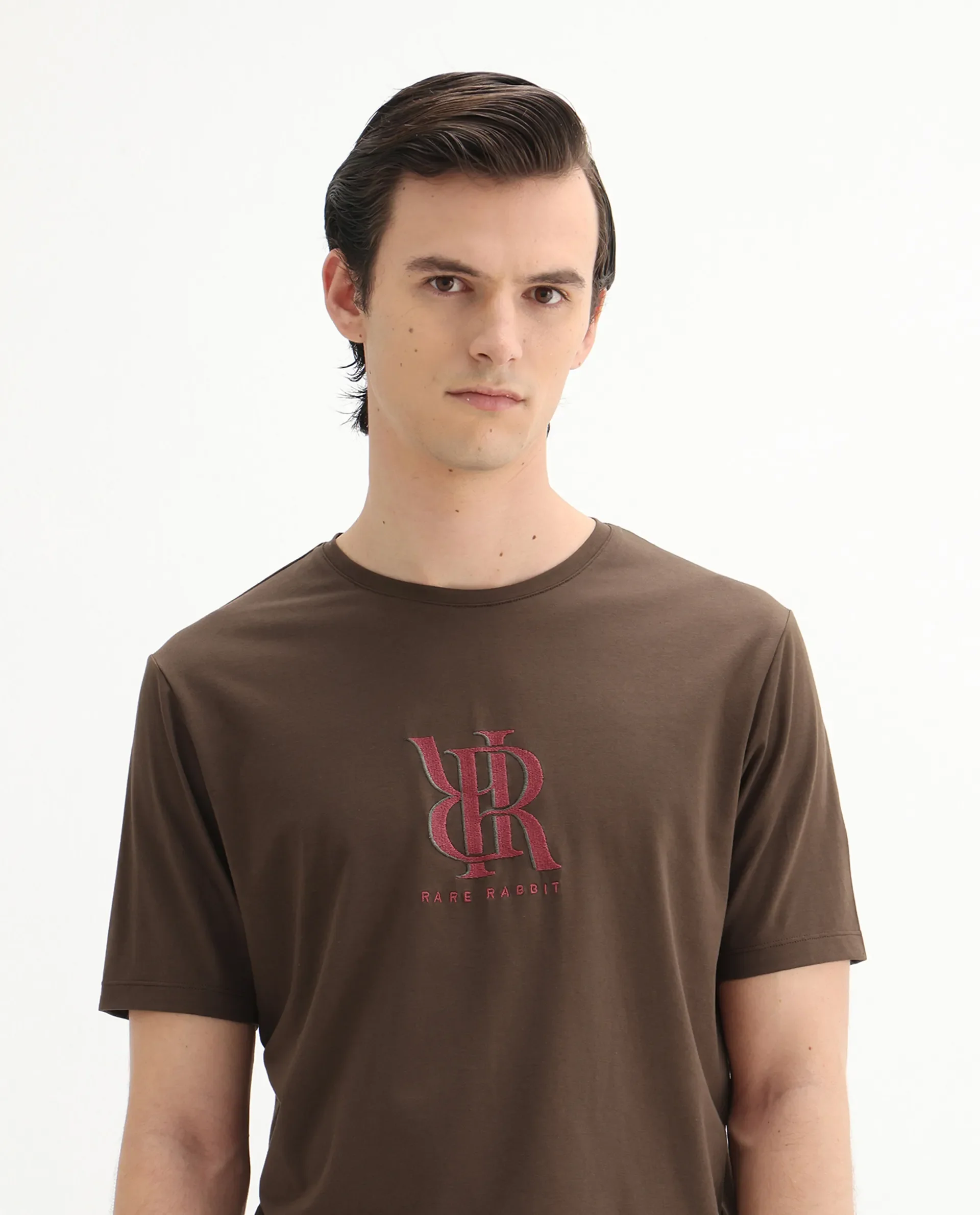 Rare Rabbit Men's Rosco Brown Cotton Blend Graphic Print Regular Fit Half Sleeve Crew Neck T-Shirt - Image 4
