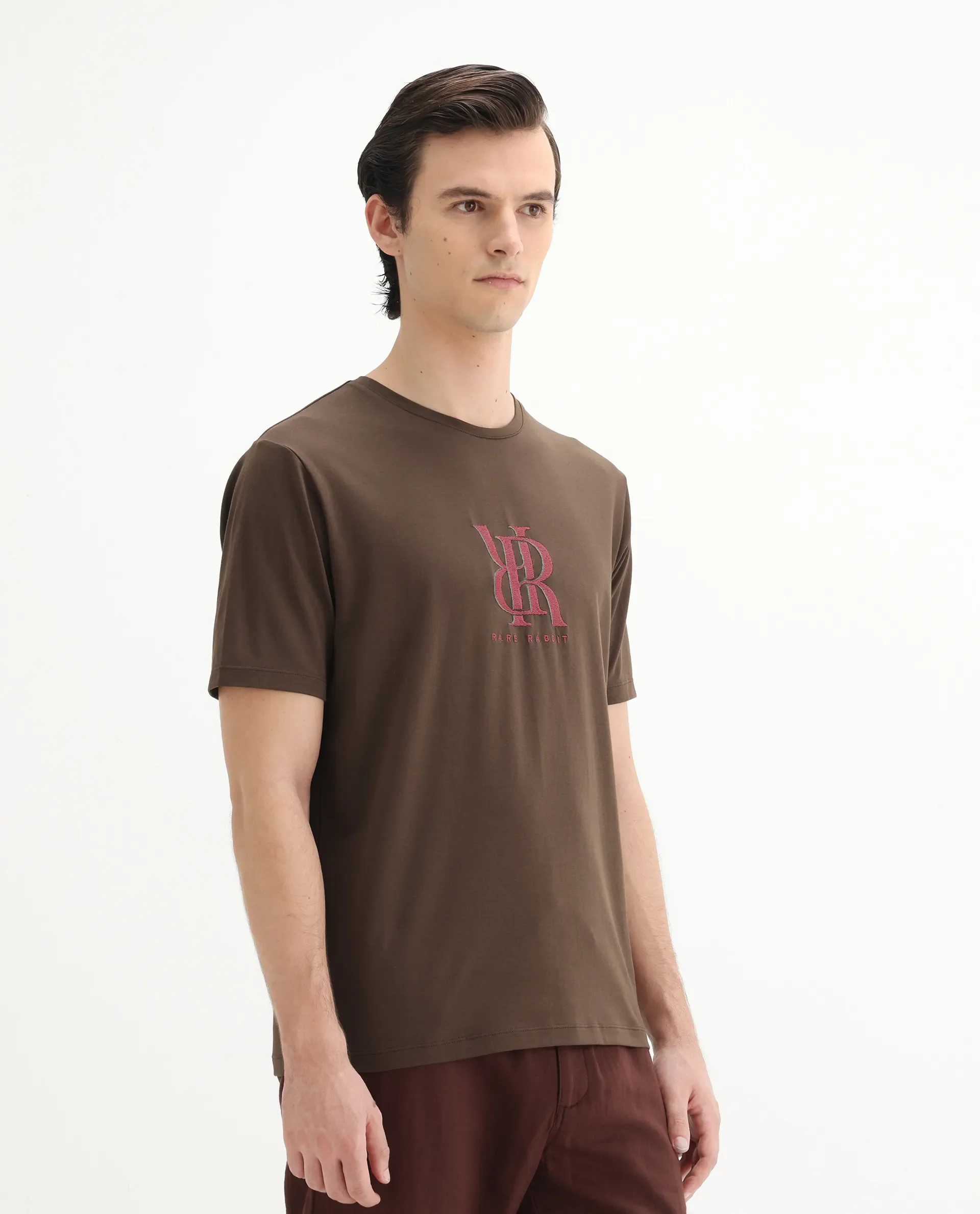 Rare Rabbit Men's Rosco Brown Cotton Blend Graphic Print Regular Fit Half Sleeve Crew Neck T-Shirt - Image 5