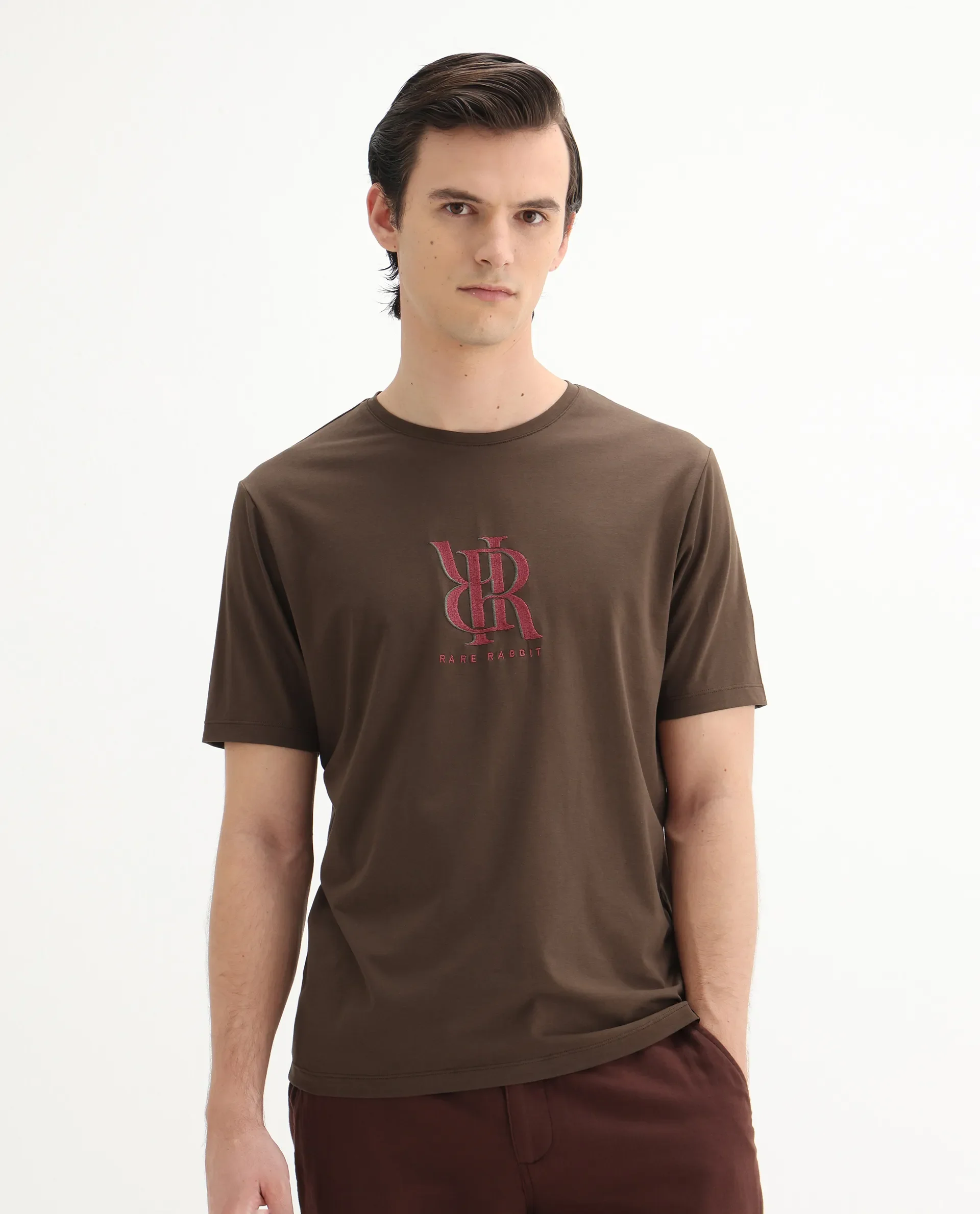 Rare Rabbit Men's Rosco Brown Cotton Blend Graphic Print Regular Fit Half Sleeve Crew Neck T-Shirt - Image 8