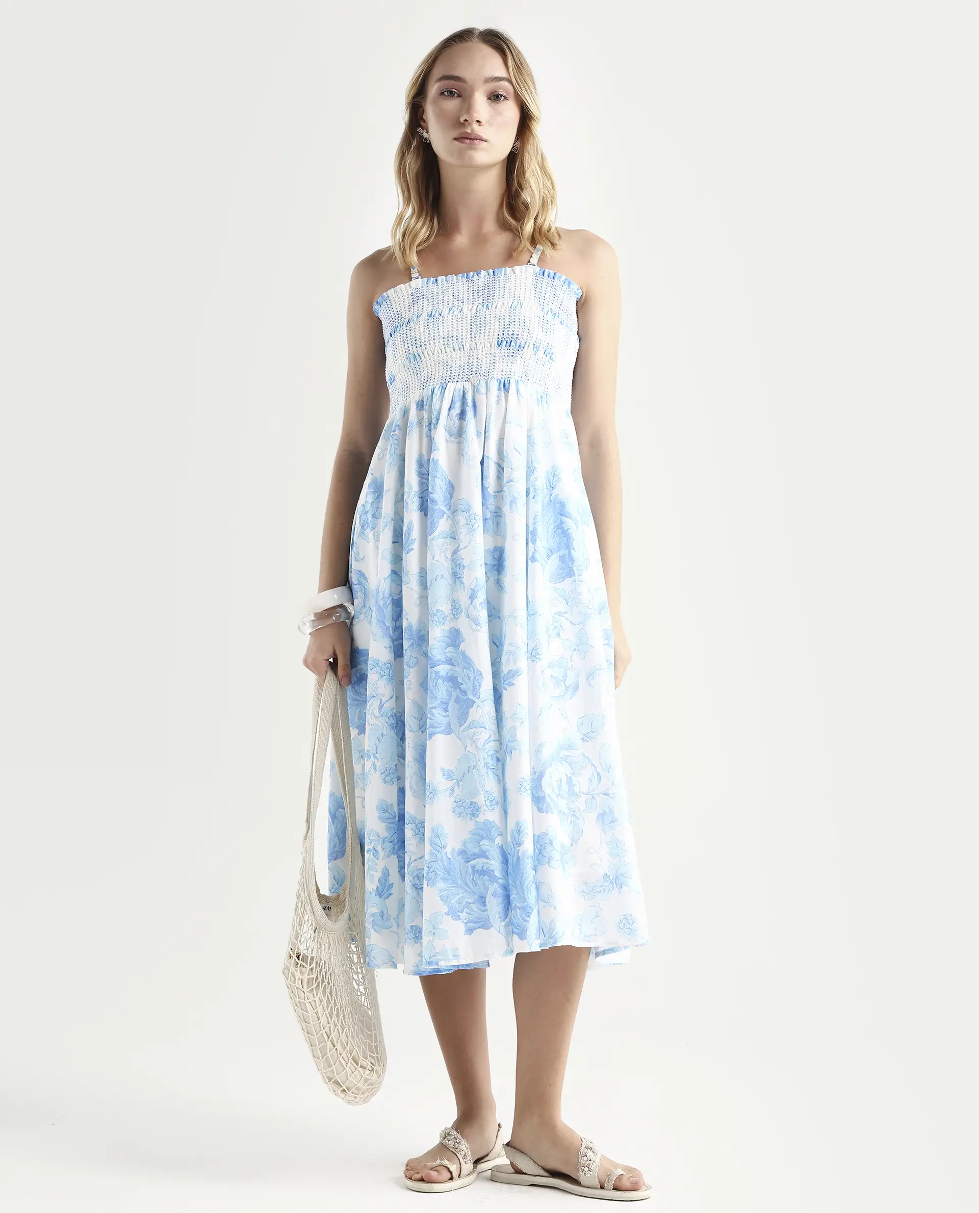 Rareism Women's Rosen Light Blue Cotton Tube Neck Floral Print Shoulder Strap Maxi Fit And Flare Dress