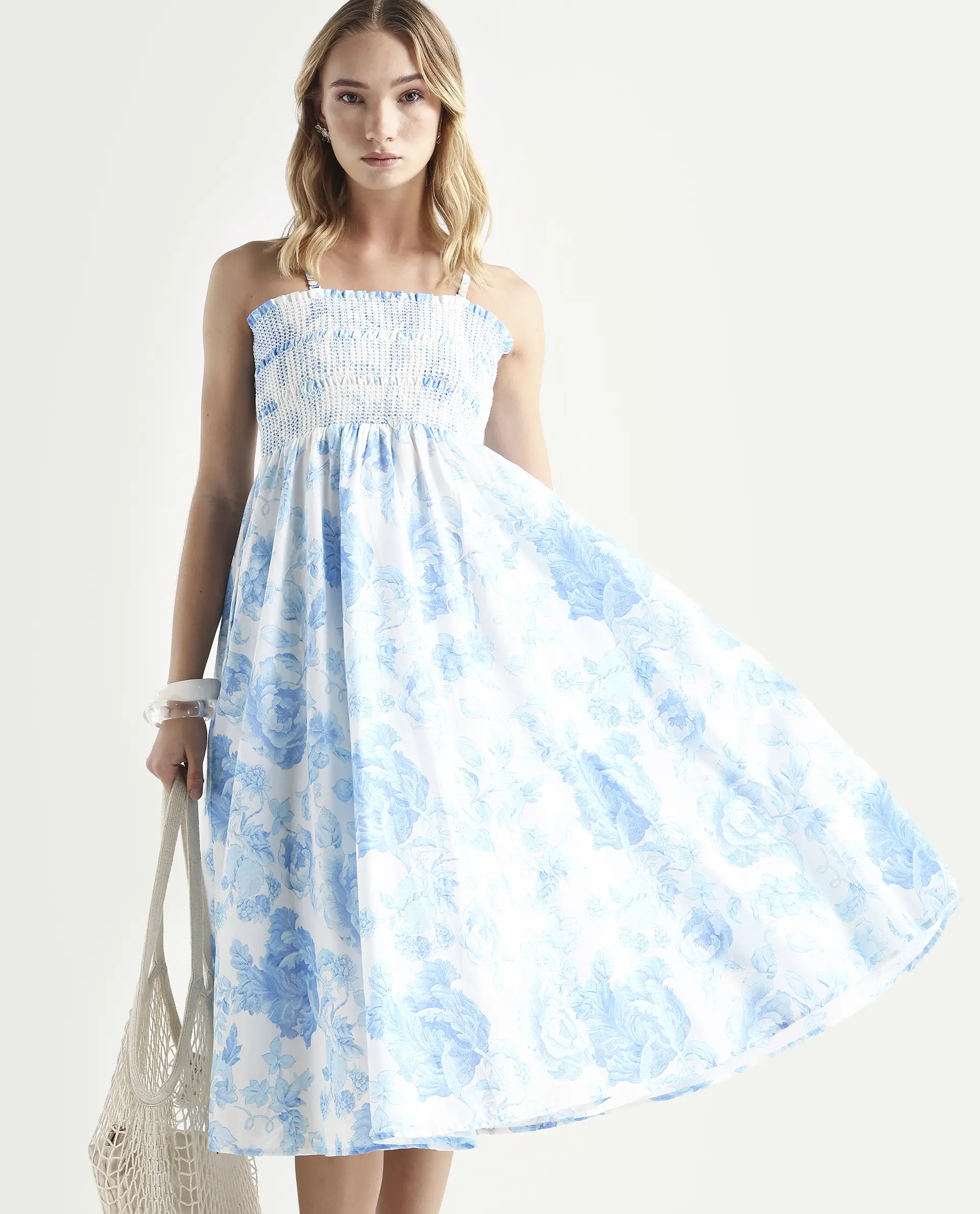 Rareism Women's Rosen Light Blue Cotton Tube Neck Floral Print Shoulder Strap Maxi Fit And Flare Dress - Image 2