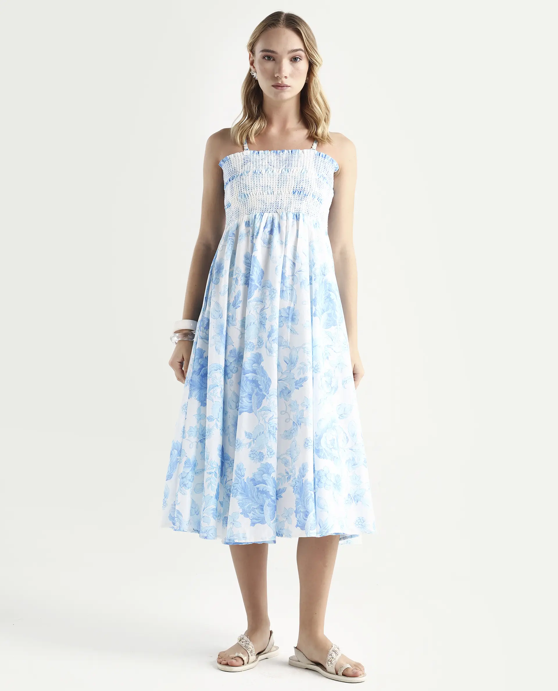 Rareism Women's Rosen Light Blue Cotton Tube Neck Floral Print Shoulder Strap Maxi Fit And Flare Dress - Image 3