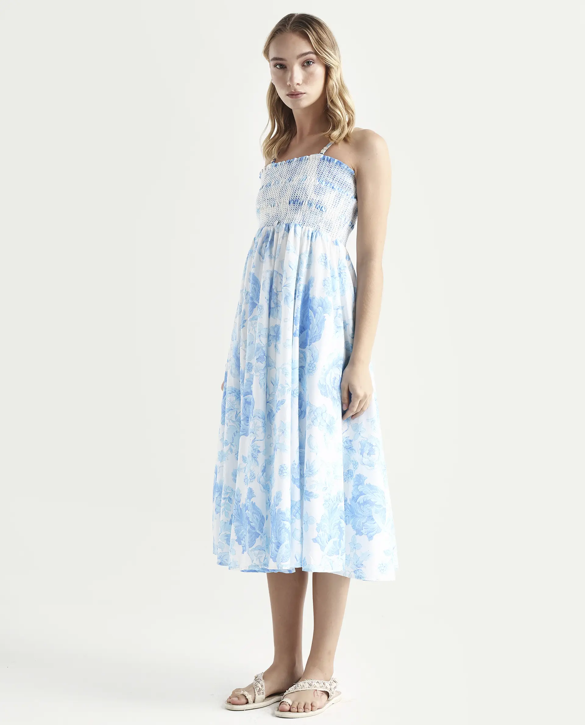 Rareism Women's Rosen Light Blue Cotton Tube Neck Floral Print Shoulder Strap Maxi Fit And Flare Dress - Image 5