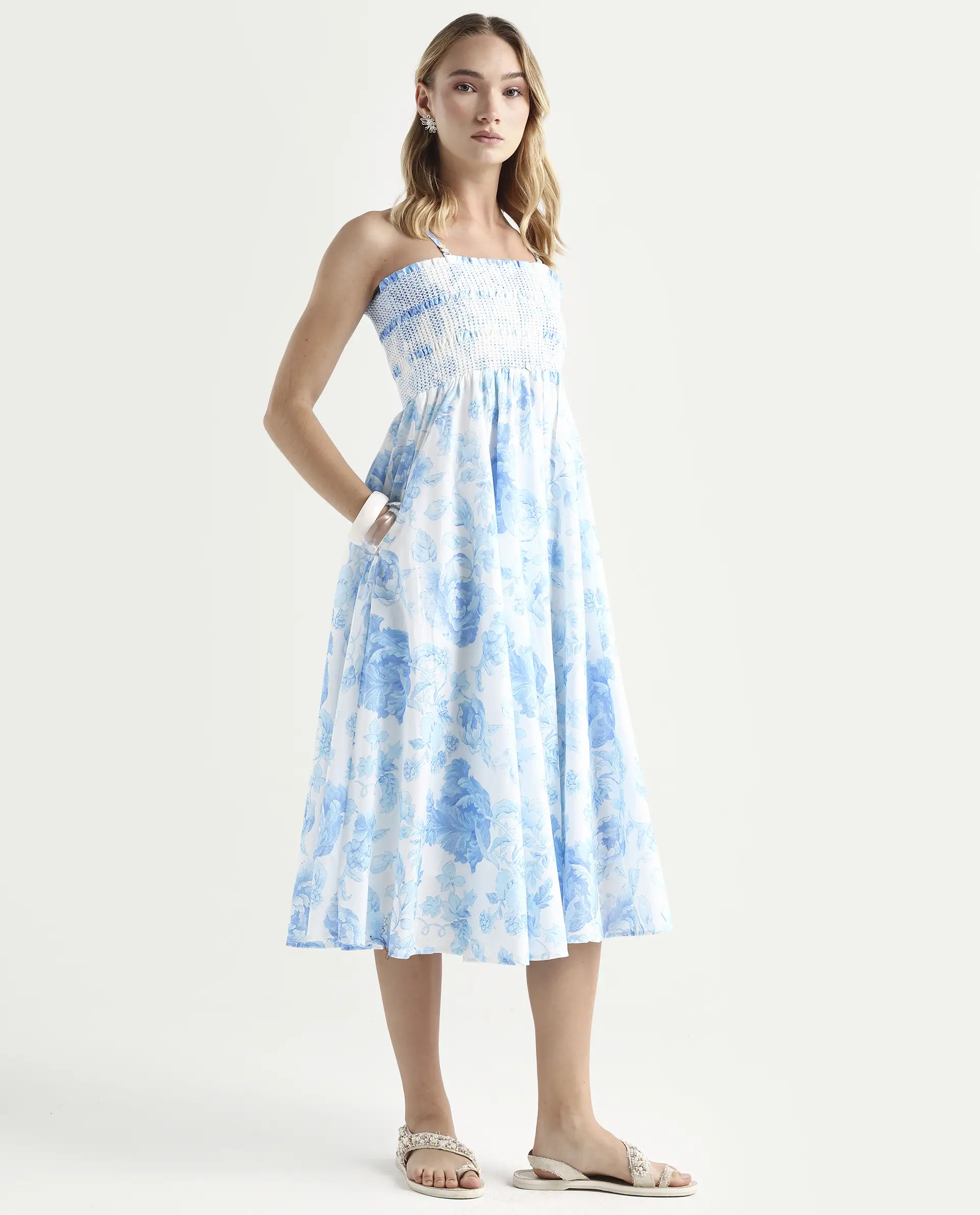 Rareism Women's Rosen Light Blue Cotton Tube Neck Floral Print Shoulder Strap Maxi Fit And Flare Dress - Image 6