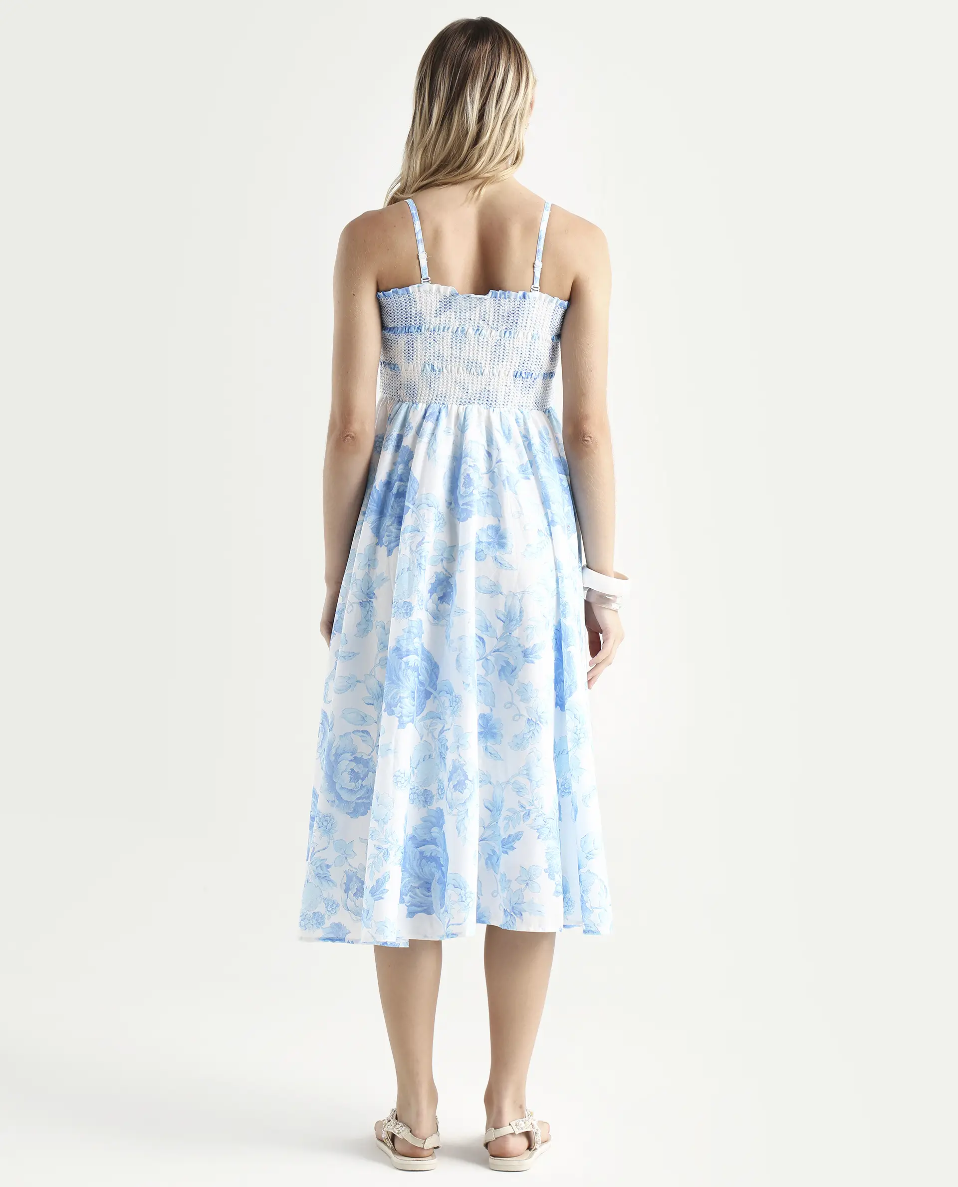 Rareism Women's Rosen Light Blue Cotton Tube Neck Floral Print Shoulder Strap Maxi Fit And Flare Dress - Image 7