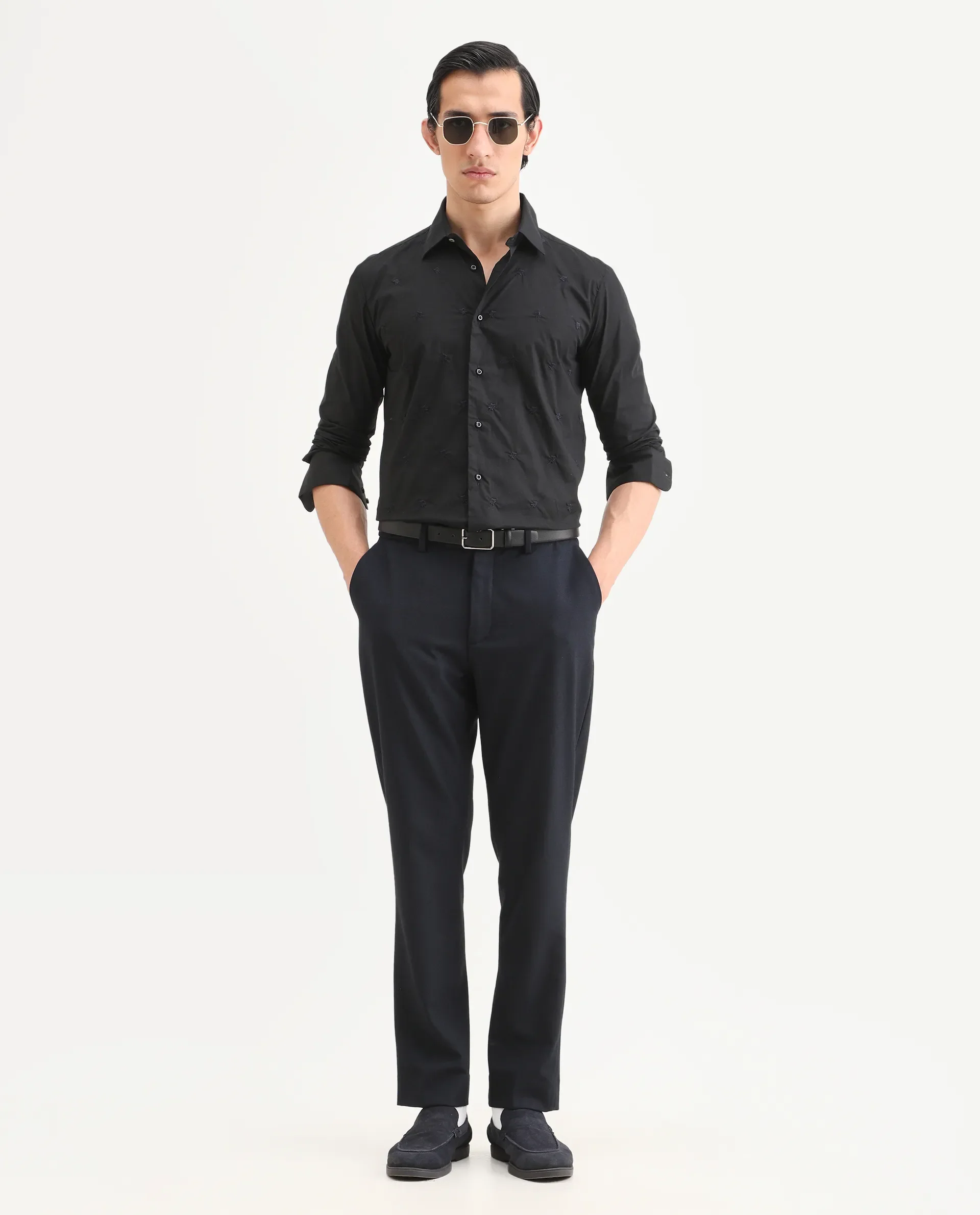 Rare Rabbit Men's Roser Black Cotton Embroidered Regular Fit Full Sleeve Collared Shirt - Image 2