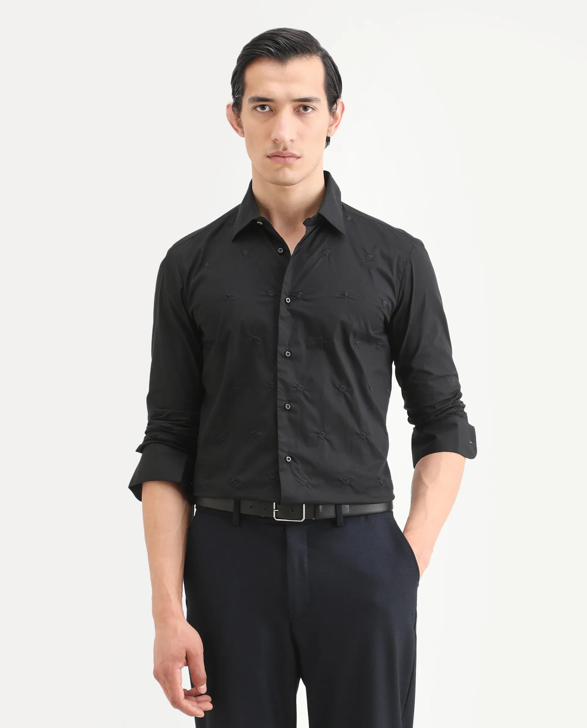Rare Rabbit Men's Roser Black Cotton Embroidered Regular Fit Full Sleeve Collared Shirt - Image 3