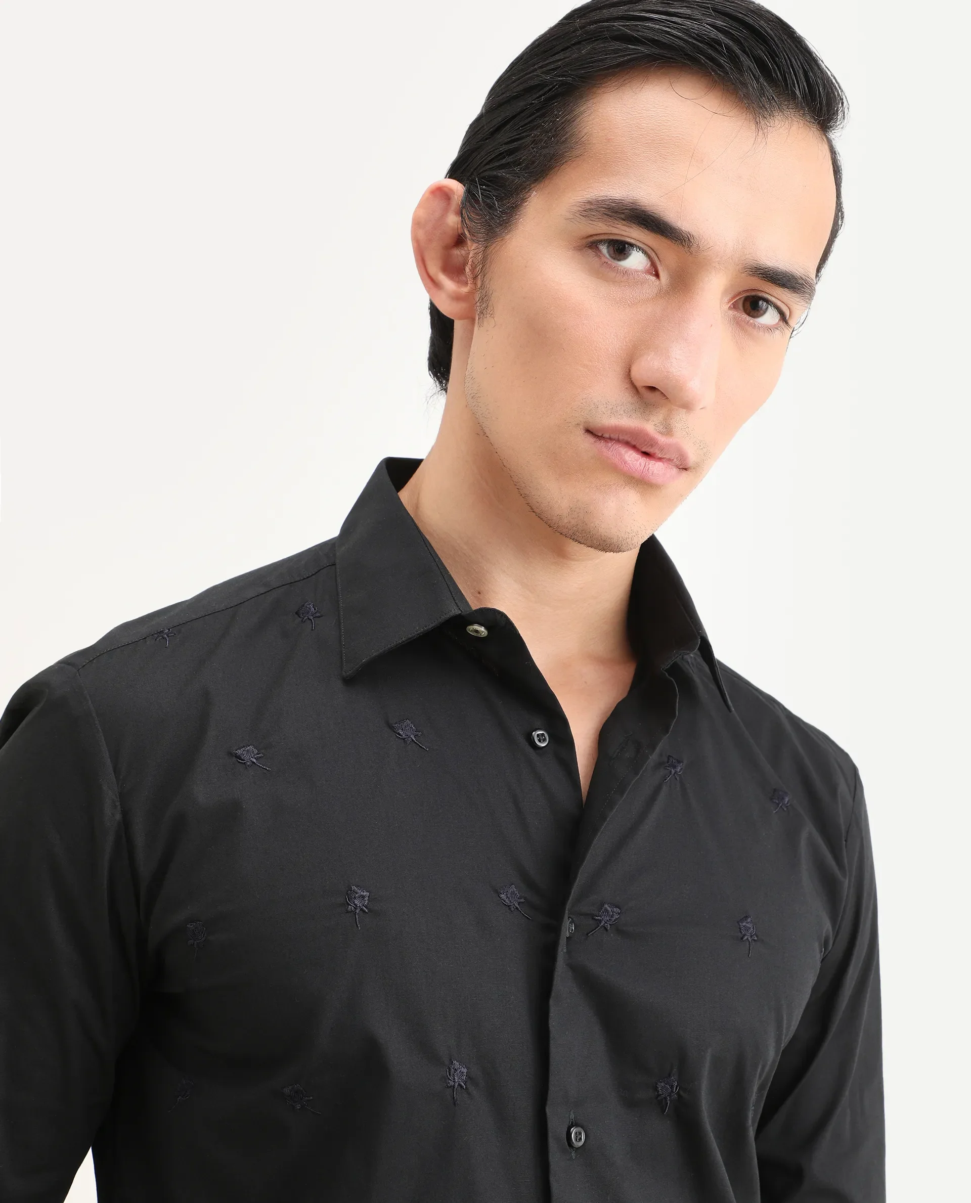 Rare Rabbit Men's Roser Black Cotton Embroidered Regular Fit Full Sleeve Collared Shirt - Image 4