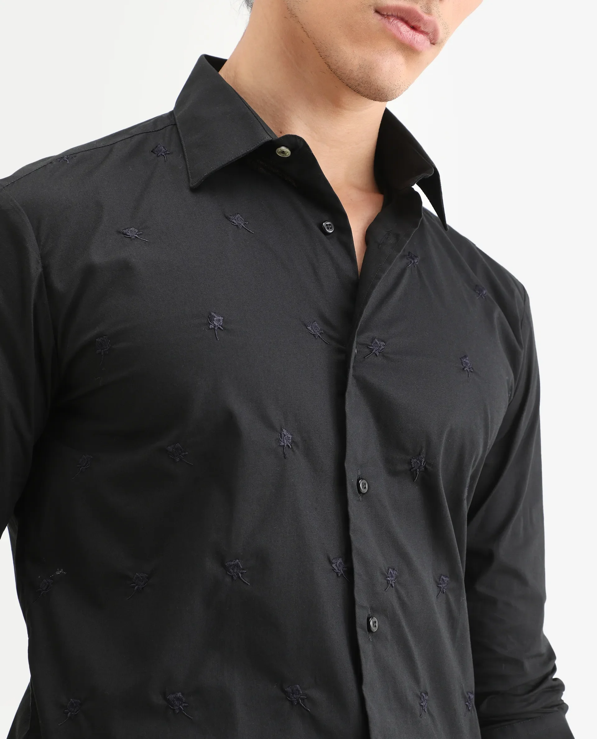 Rare Rabbit Men's Roser Black Cotton Embroidered Regular Fit Full Sleeve Collared Shirt - Image 5