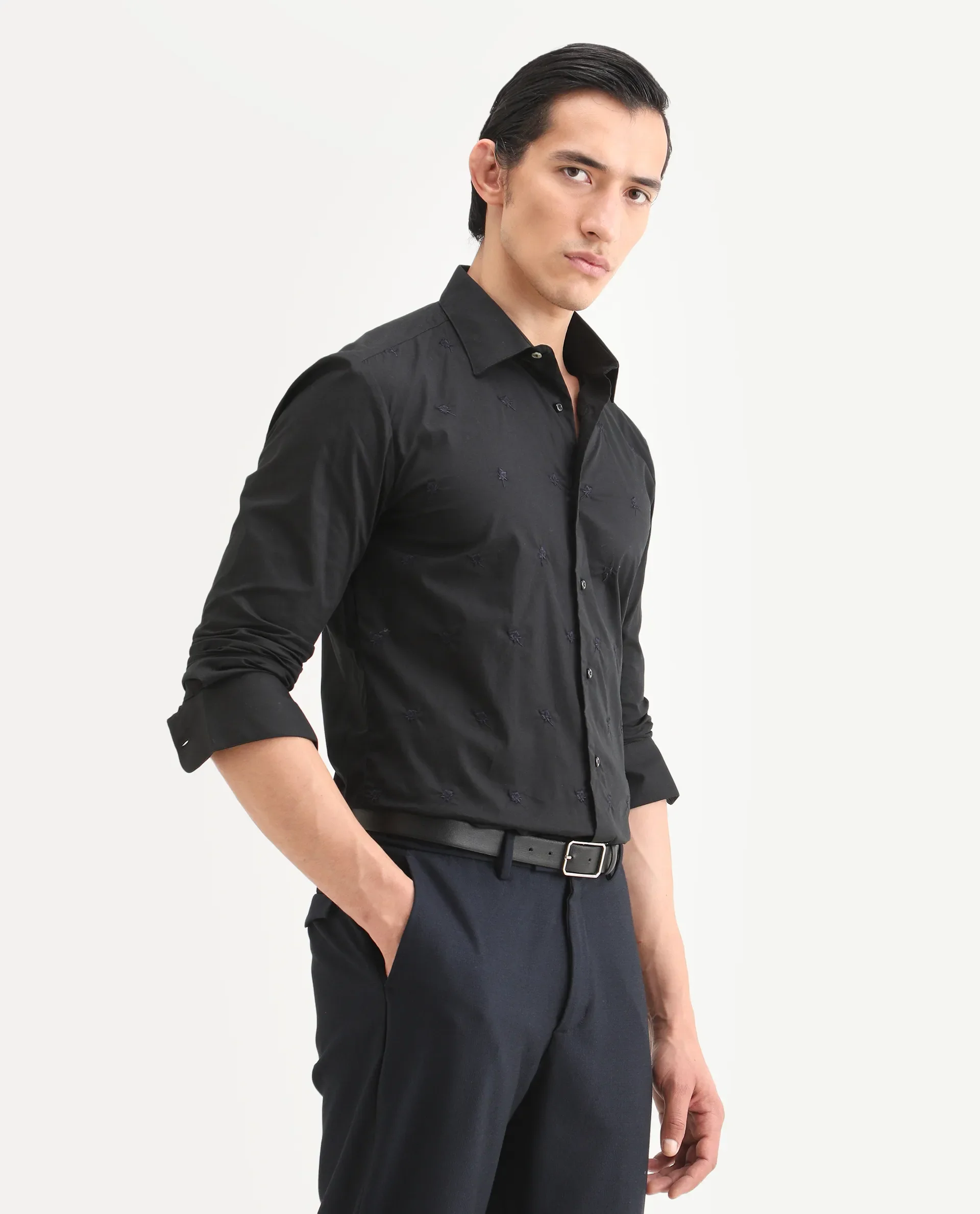 Rare Rabbit Men's Roser Black Cotton Embroidered Regular Fit Full Sleeve Collared Shirt - Image 8