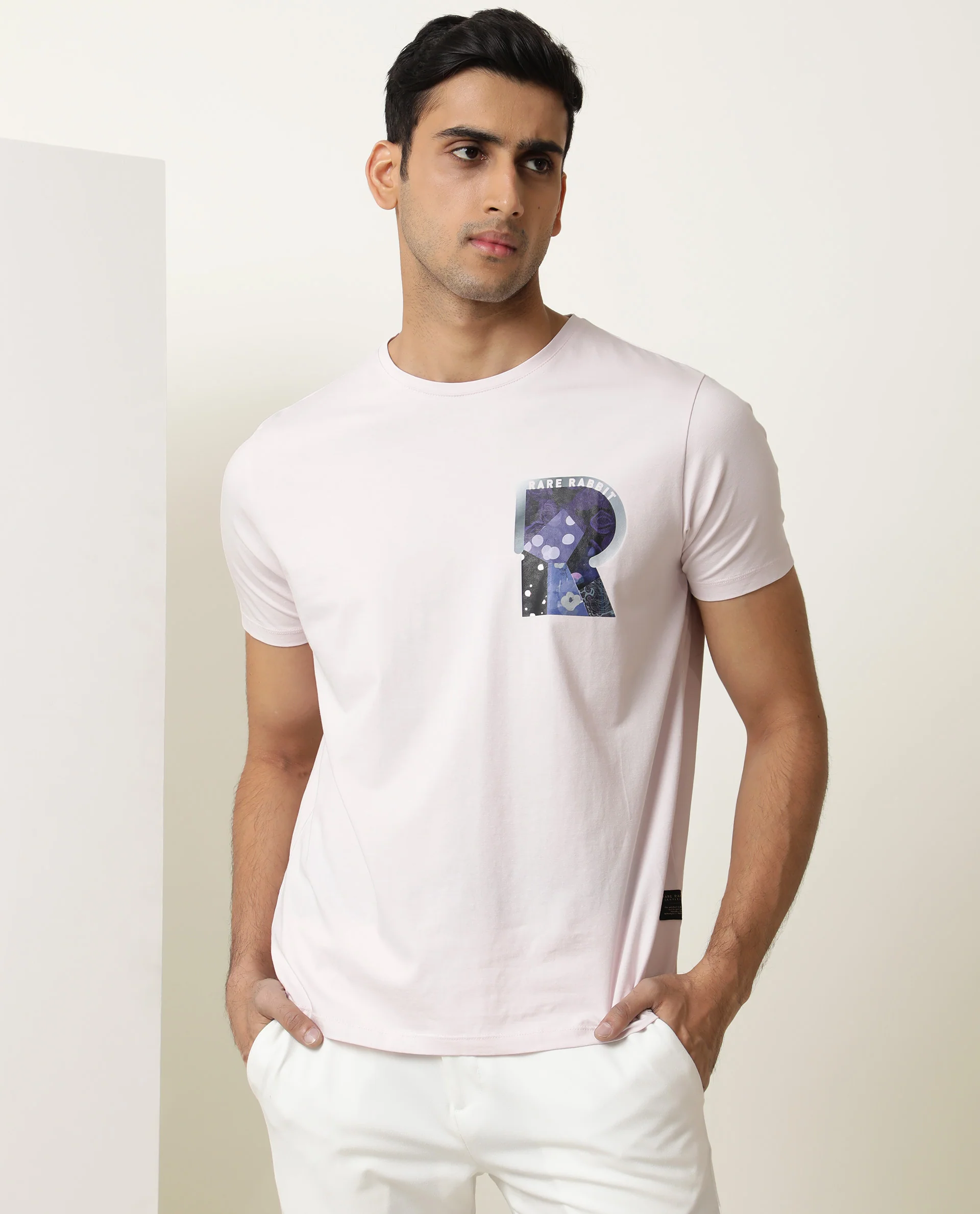 Rare Rabbit Men's Roseta Pink Cotton Graphic Print Slim Fit Half Sleeve Crew Neck T-Shirt
