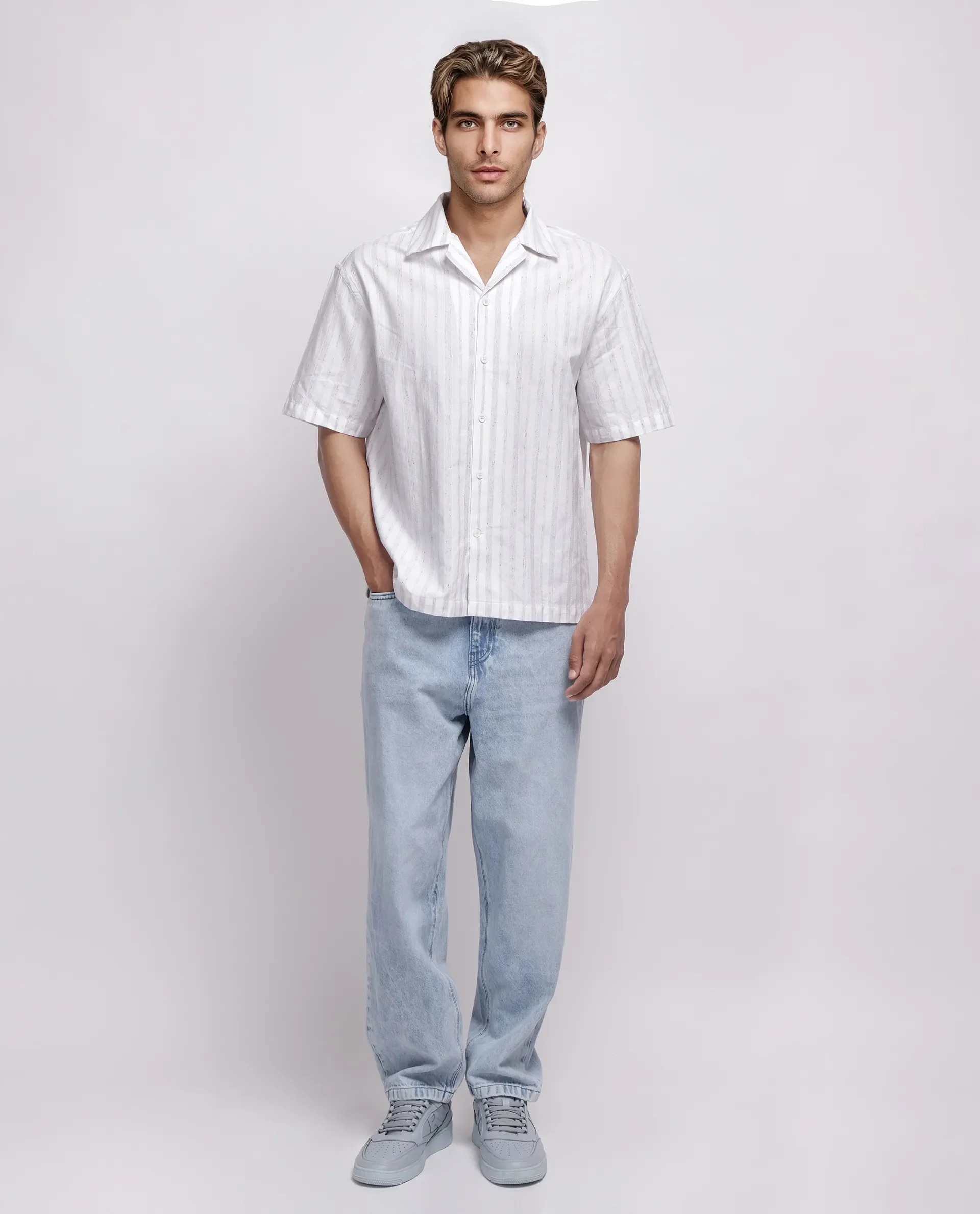 Rare Rabbit Men's Roshi White Cotton Striped Print Relaxed Fit Half Sleeve Cuban Collar Shirt - Image 2