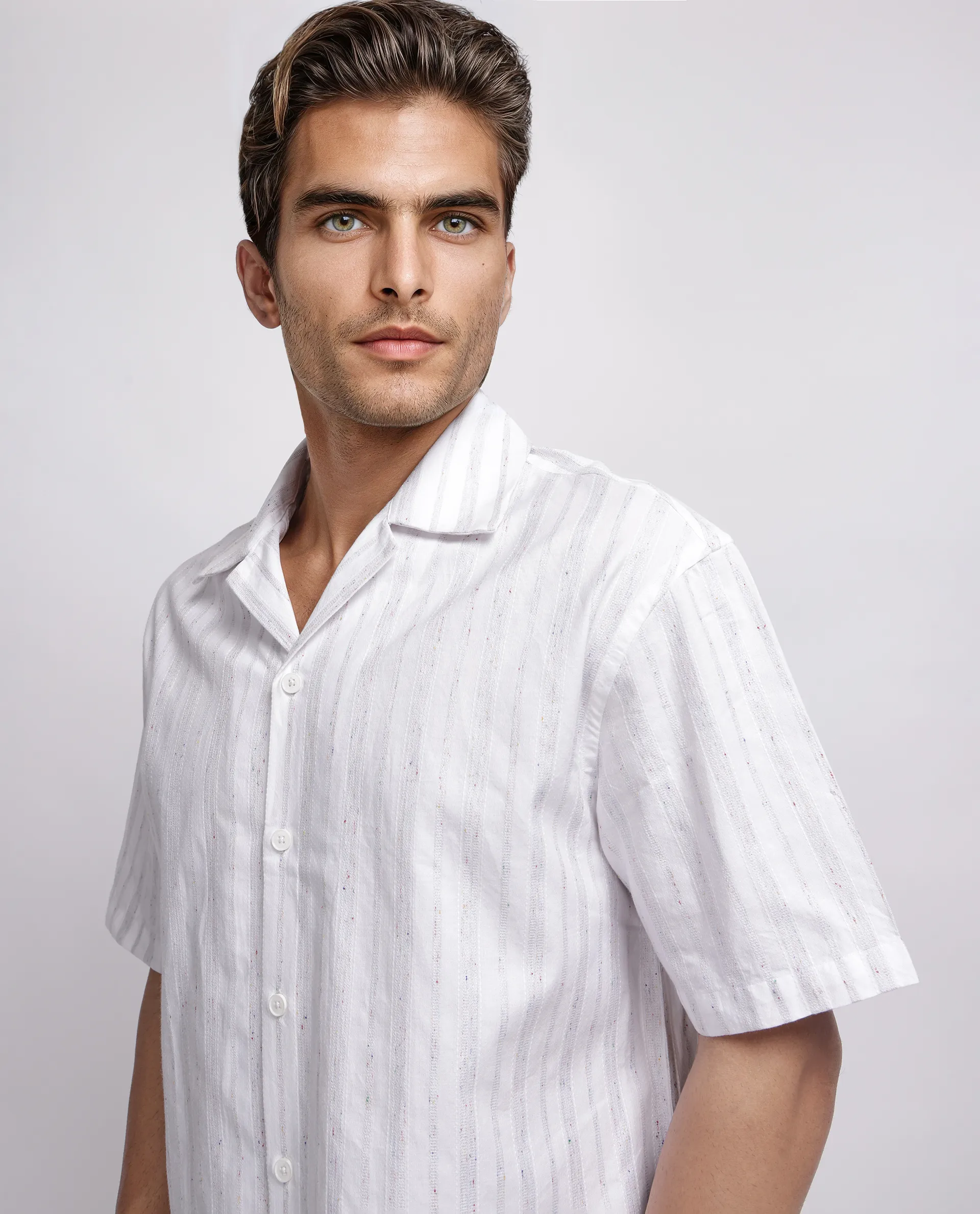 Rare Rabbit Men's Roshi White Cotton Striped Print Relaxed Fit Half Sleeve Cuban Collar Shirt - Image 3