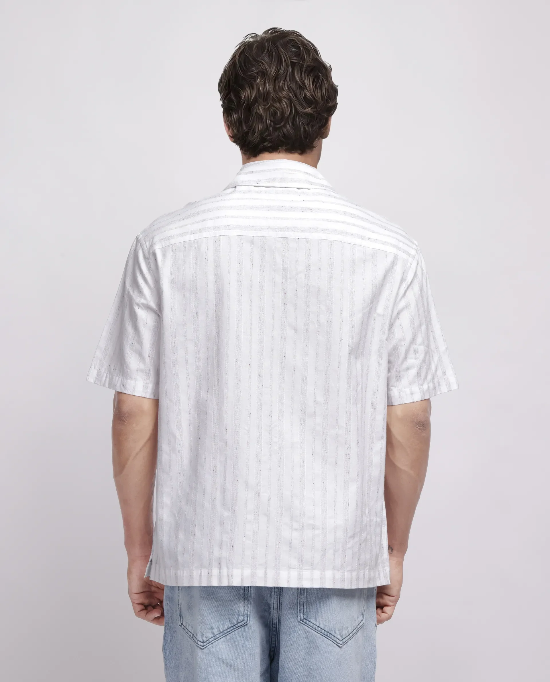 Rare Rabbit Men's Roshi White Cotton Striped Print Relaxed Fit Half Sleeve Cuban Collar Shirt - Image 4