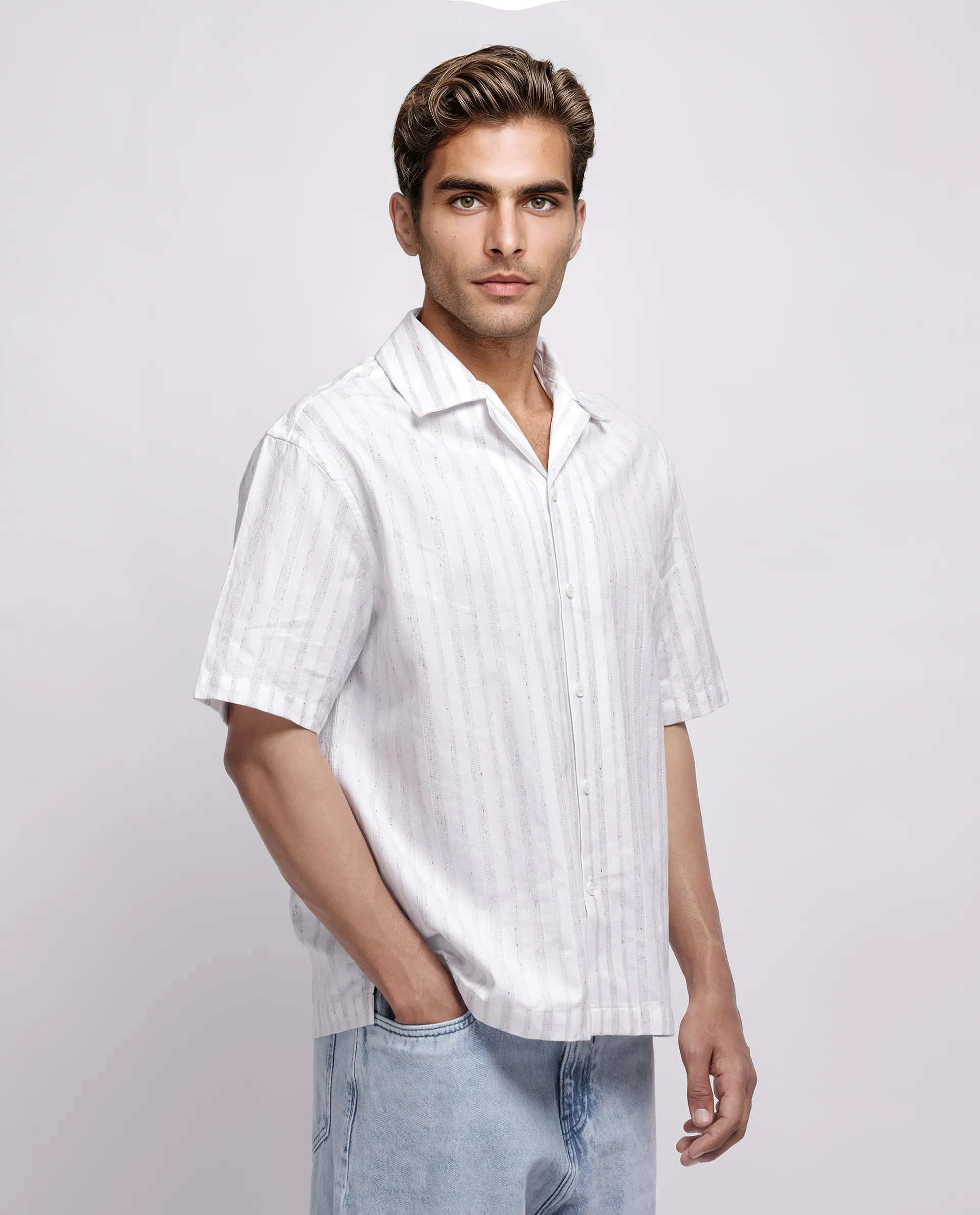 Rare Rabbit Men's Roshi White Cotton Striped Print Relaxed Fit Half Sleeve Cuban Collar Shirt - Image 5