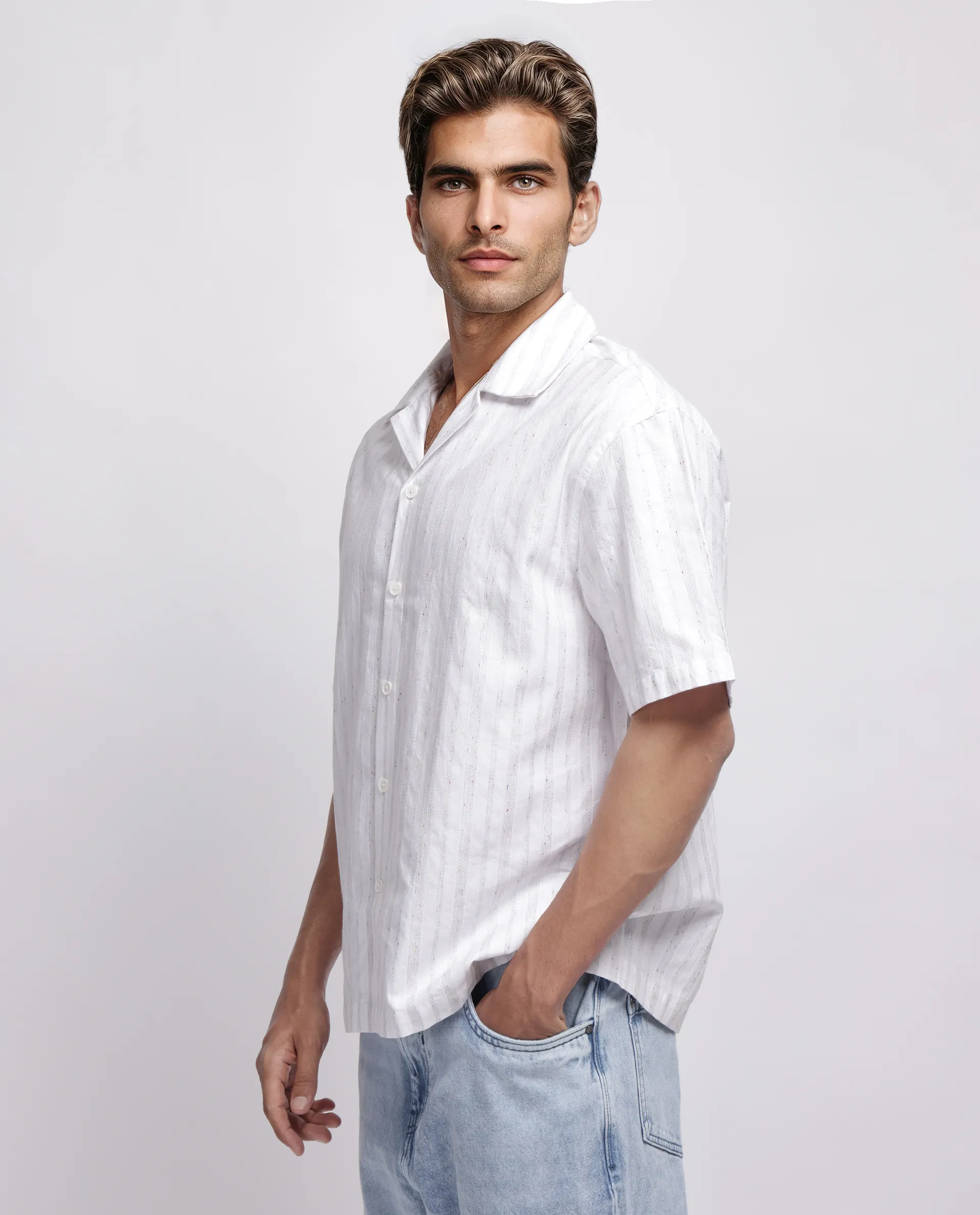 Rare Rabbit Men's Roshi White Cotton Striped Print Relaxed Fit Half Sleeve Cuban Collar Shirt - Image 7