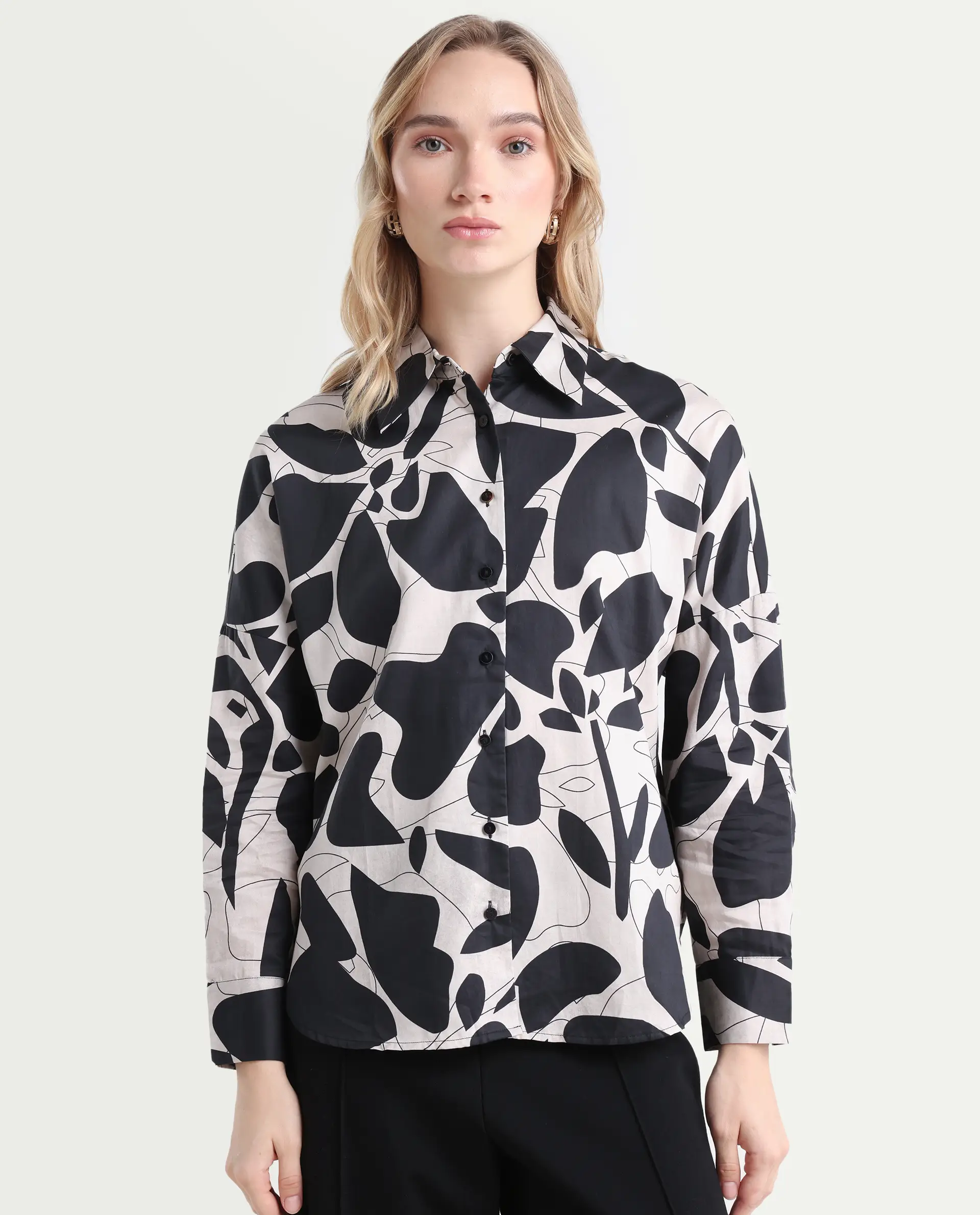 Rareism Women's Spread Collar Floral Print Cuffed Sleeve Relaxed Fit Top - Image 3