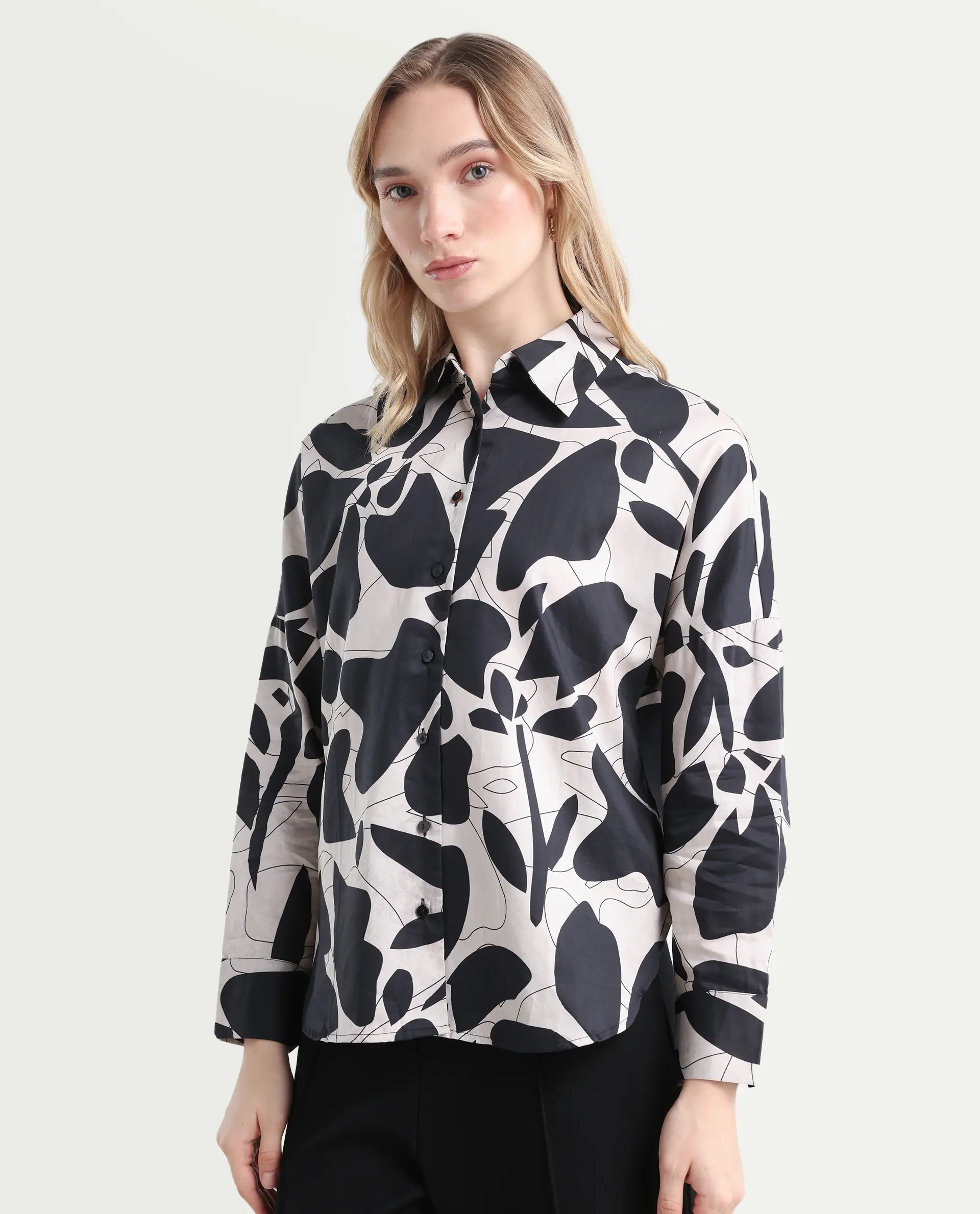 Rareism Women's Spread Collar Floral Print Cuffed Sleeve Relaxed Fit Top - Image 5