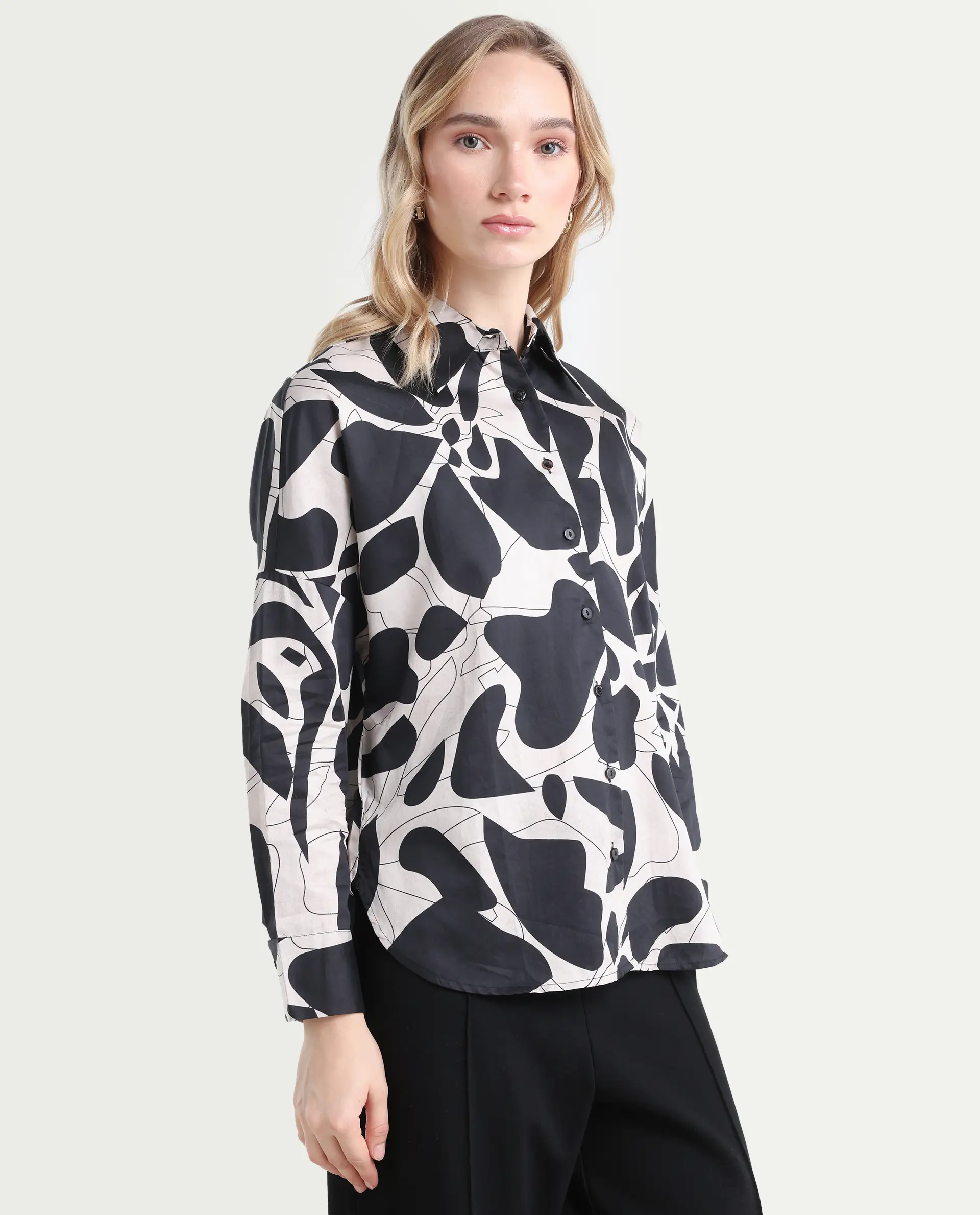 Rareism Women's Spread Collar Floral Print Cuffed Sleeve Relaxed Fit Top - Image 6
