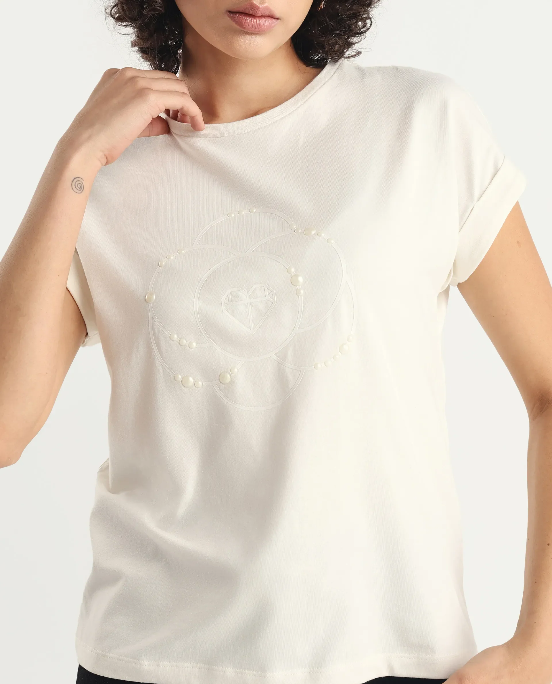 Rareism Women's Rosi Off White Cotton Blend Crew Neck Graphic Print Extended Sleeves Relaxed Fit T-Shirt - Image 3